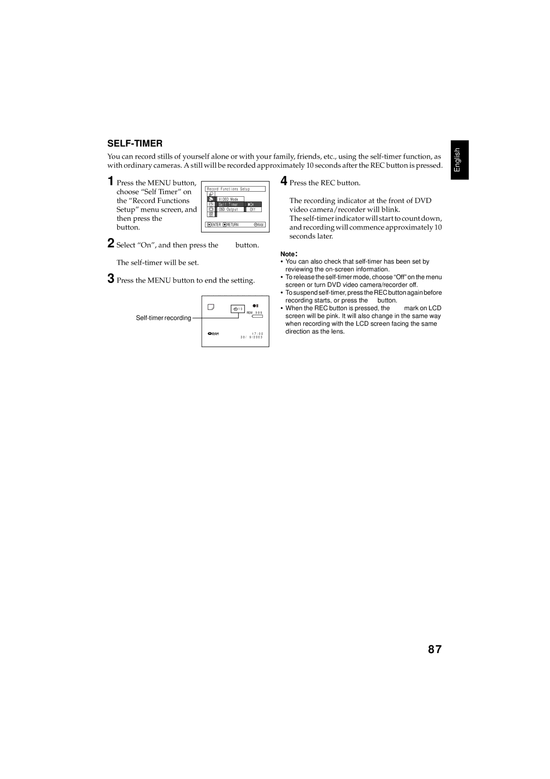 Hitachi DZMV350E, DZMV380E instruction manual Self-Timer, Self-timer recording 