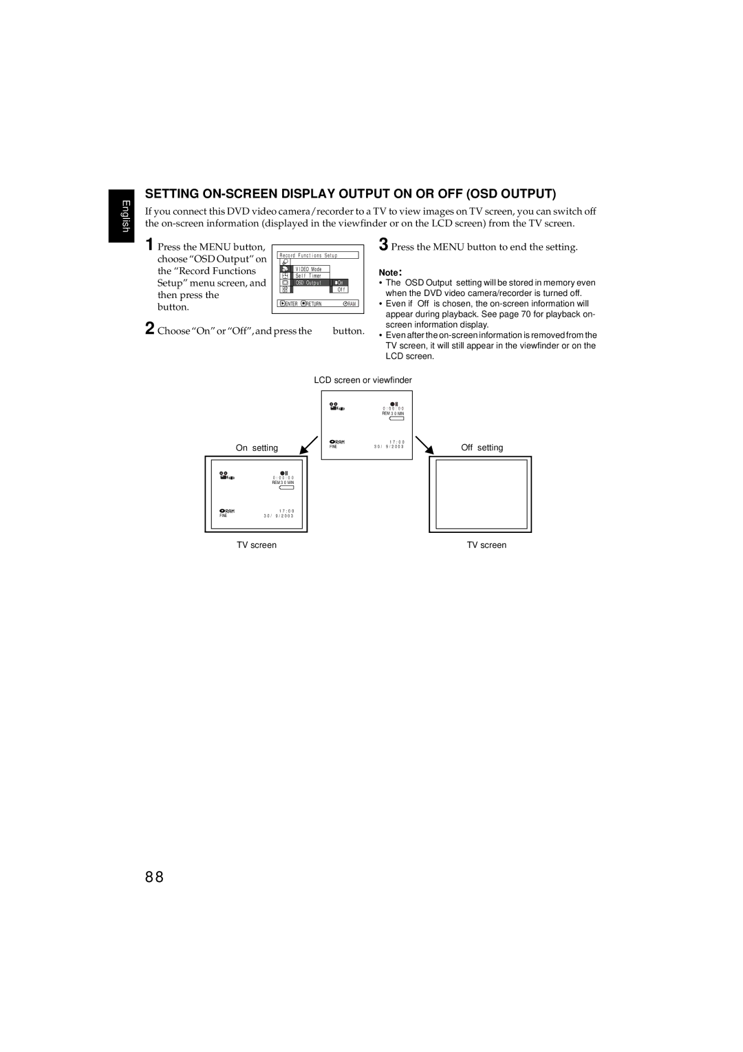 Hitachi DZMV380E, DZMV350E Setting ON-SCREEN Display Output on or OFF OSD Output, Choose On or Off, and press the button 