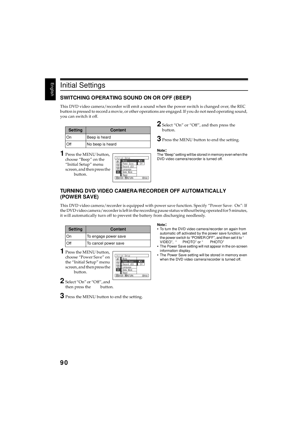 Hitachi DZMV380E, DZMV350E instruction manual Initial Settings, Switching Operating Sound on or OFF Beep 