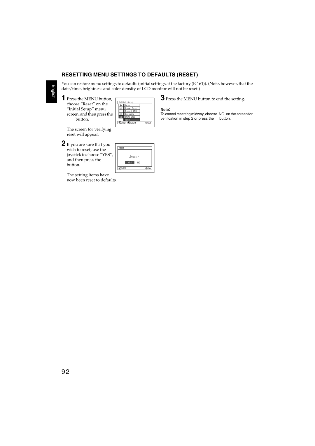 Hitachi DZMV380E Resetting Menu Settings to Defaults Reset, Choose Reset on, Wish to reset, use Joystick to choose YES 