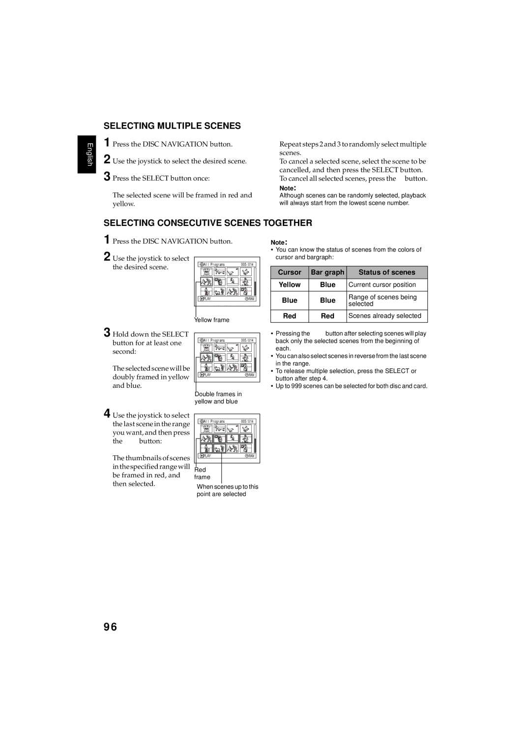 Hitachi DZMV380E Selecting Multiple Scenes, Selecting Consecutive Scenes Together, Cursor Bar graph Status of scenes, Red 