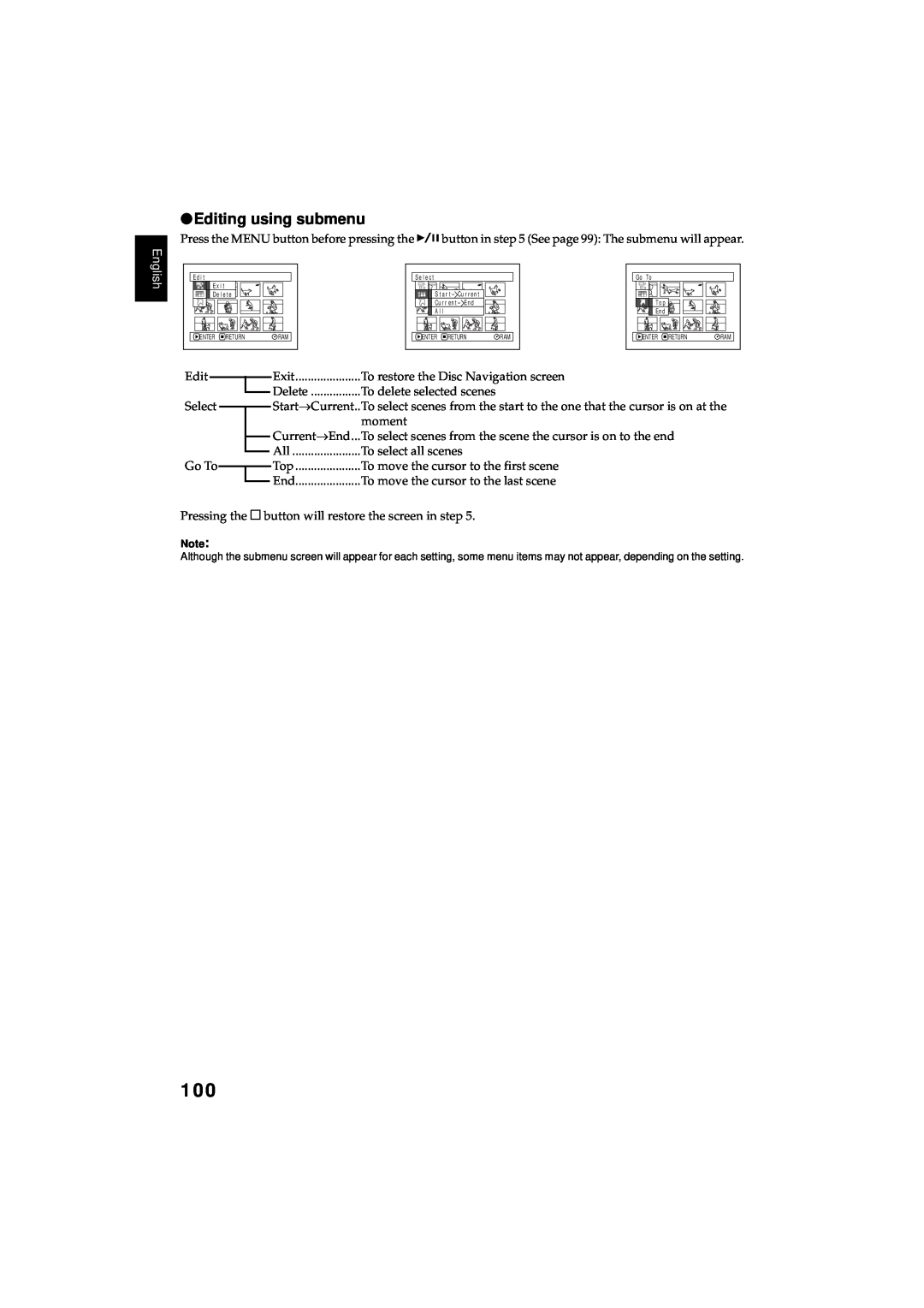 Hitachi DZMV380E, DZMV350E instruction manual Editing using submenu 