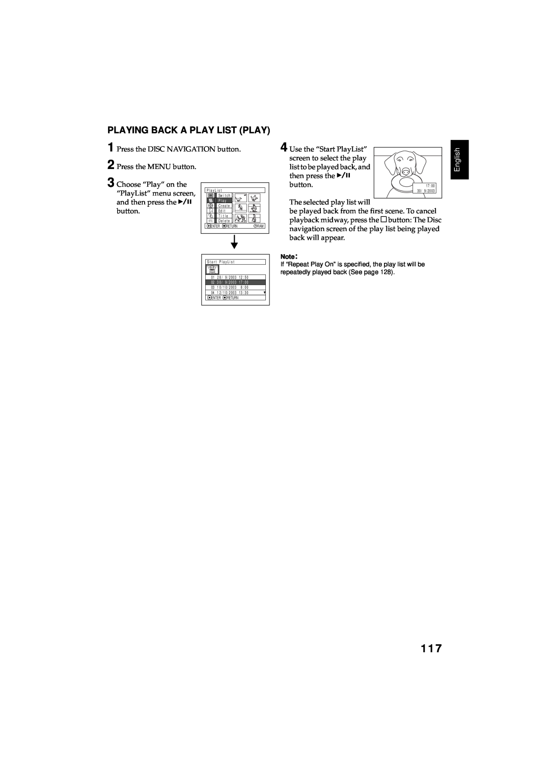 Hitachi DZMV350E, DZMV380E instruction manual Playing Back A Play List Play, English, P l a y, and then press the 