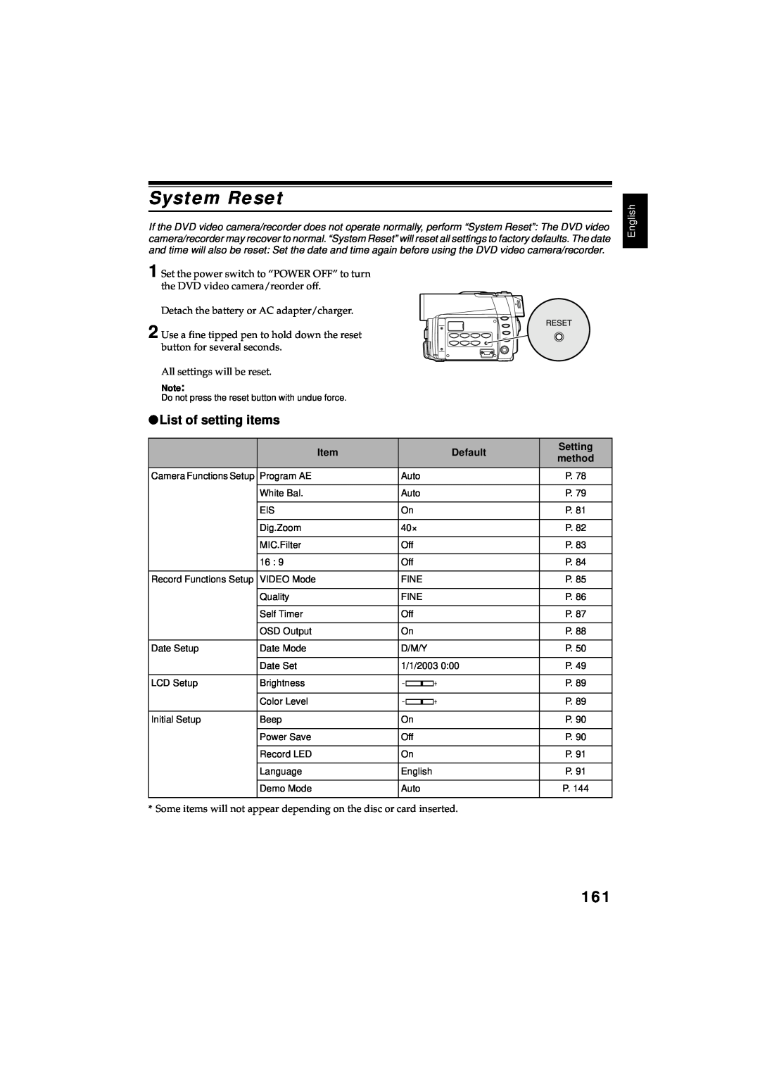 Hitachi DZMV350E, DZMV380E instruction manual System Reset, List of setting items, Default, Setting, English, method 