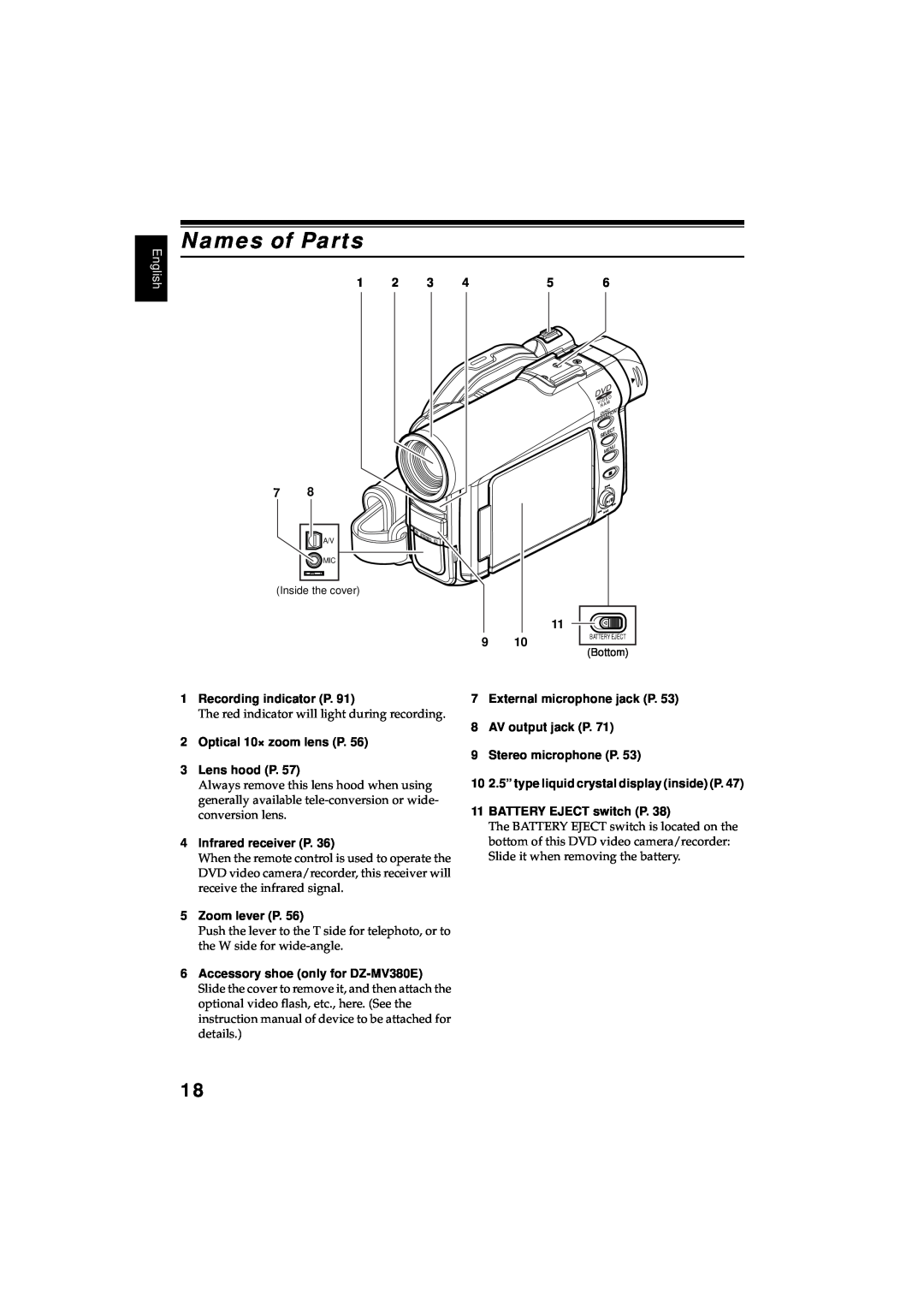 Hitachi DZMV380E Names of Parts, Recording indicator P, Optical 10× zoom lens P 3 Lens hood P, Infrared receiver P 