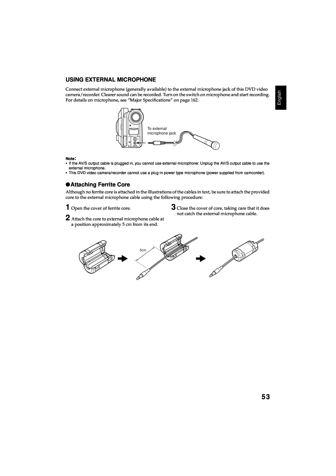 Hitachi DZMV350E, DZMV380E instruction manual Using External Microphone, Attaching Ferrite Core, English 