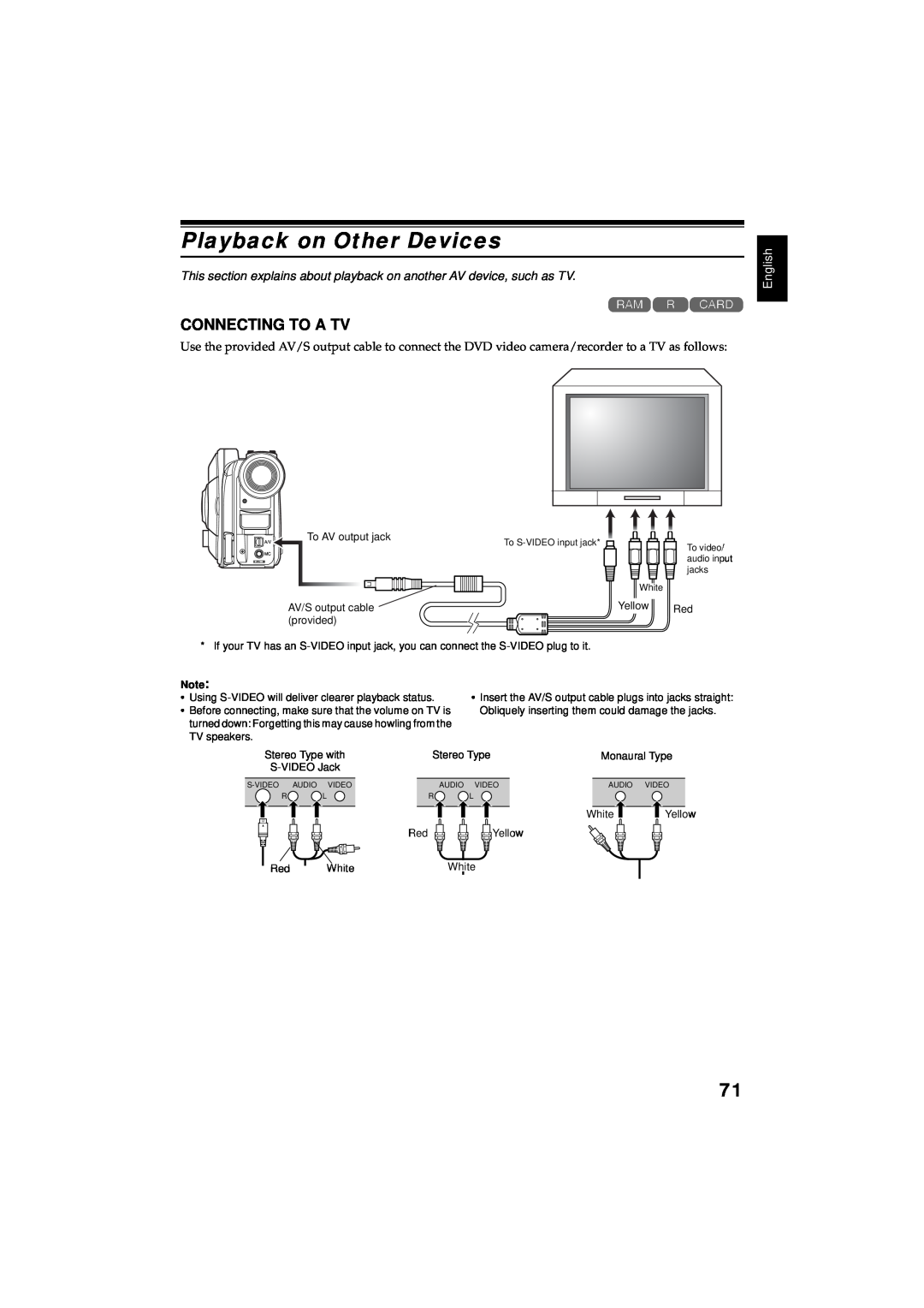 Hitachi DZMV350E, DZMV380E instruction manual Playback on Other Devices, Connecting To A Tv, English 