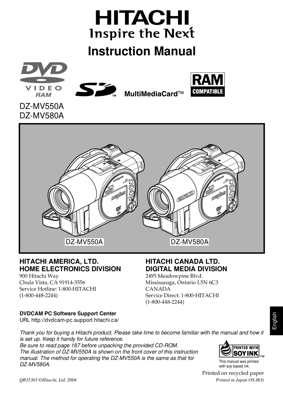 Hitachi DZMV580A, DZMV550A instruction manual Digital Media Division, Meadowpine Blvd. Mississauga, Ontario L5N 6C3 