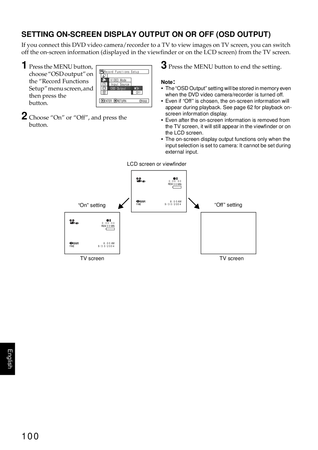 Hitachi DZMV550A 100, Setting ON-SCREEN Display Output on or OFF OSD Output, Choose On or Off, and press the a button 