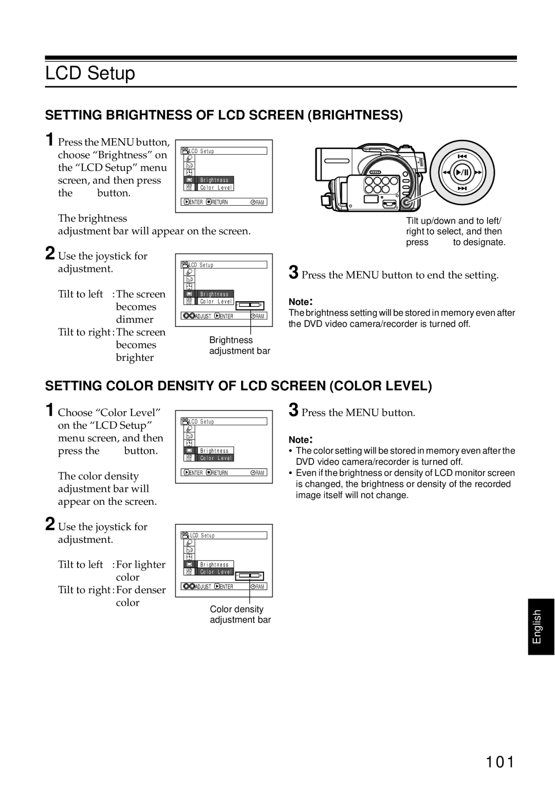 Hitachi DZMV580A, DZMV550A instruction manual LCD Setup, 101, Setting Brightness of LCD Screen Brightness 