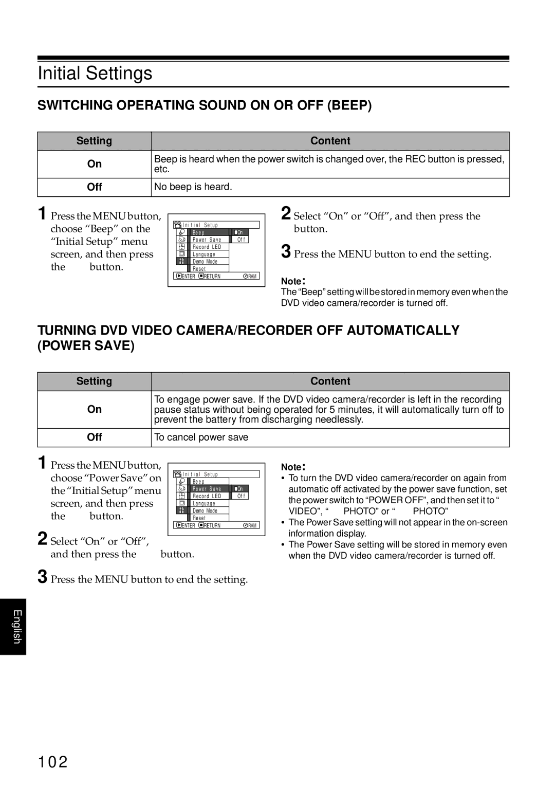 Hitachi DZMV550A, DZMV580A instruction manual Initial Settings, 102, Switching Operating Sound on or OFF Beep 