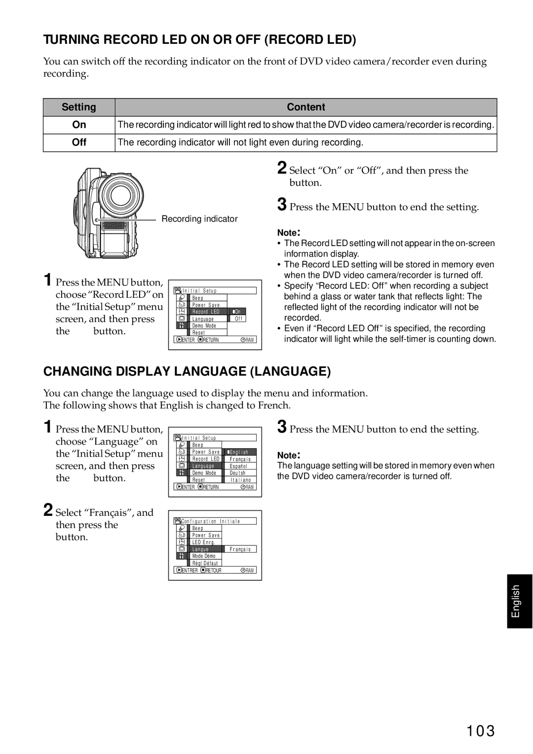 Hitachi DZMV580A, DZMV550A 103, Turning Record LED on or OFF Record LED, Changing Display Language Language, Off 