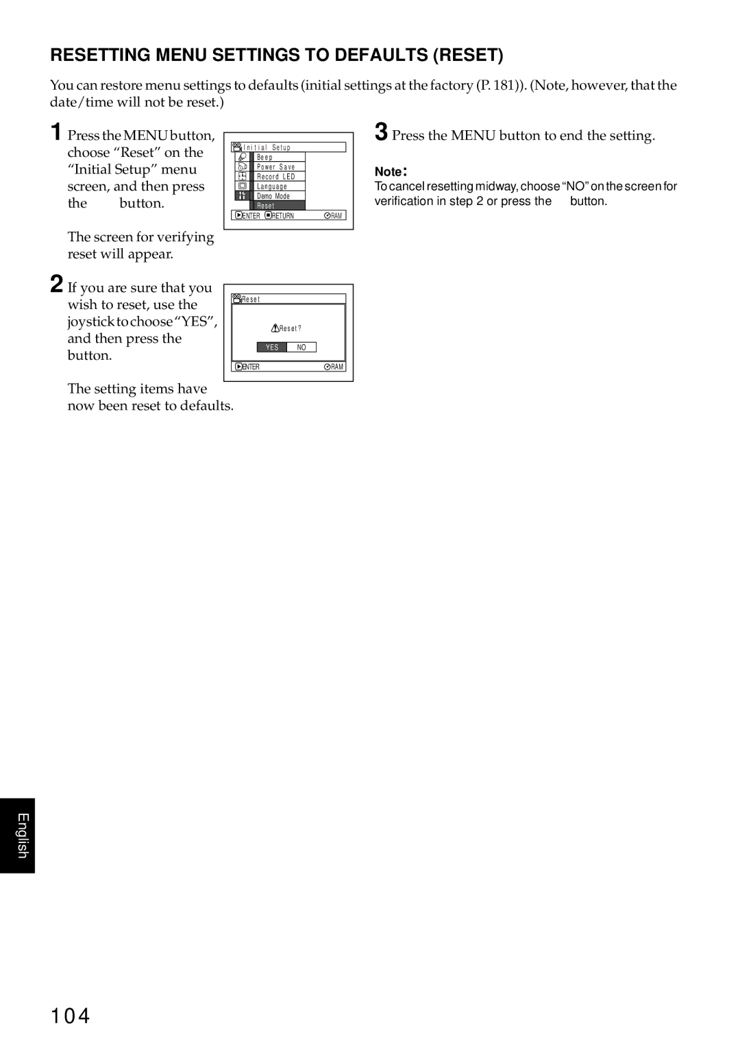 Hitachi DZMV550A, DZMV580A 104, Resetting Menu Settings to Defaults Reset, Setting items have now been reset to defaults 