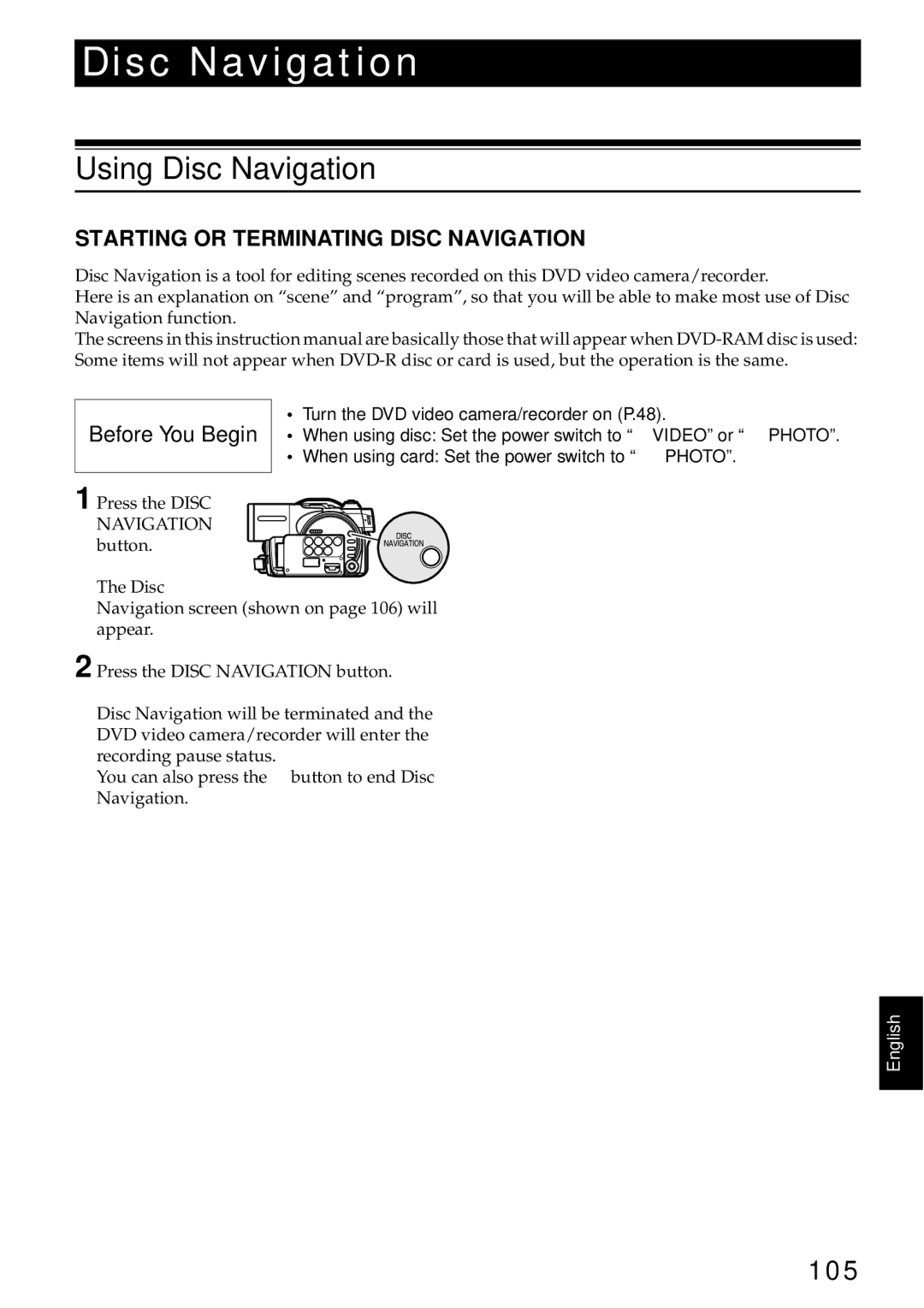 Hitachi DZMV580A, DZMV550A instruction manual Using Disc Navigation, 105, Starting or Terminating Disc Navigation 