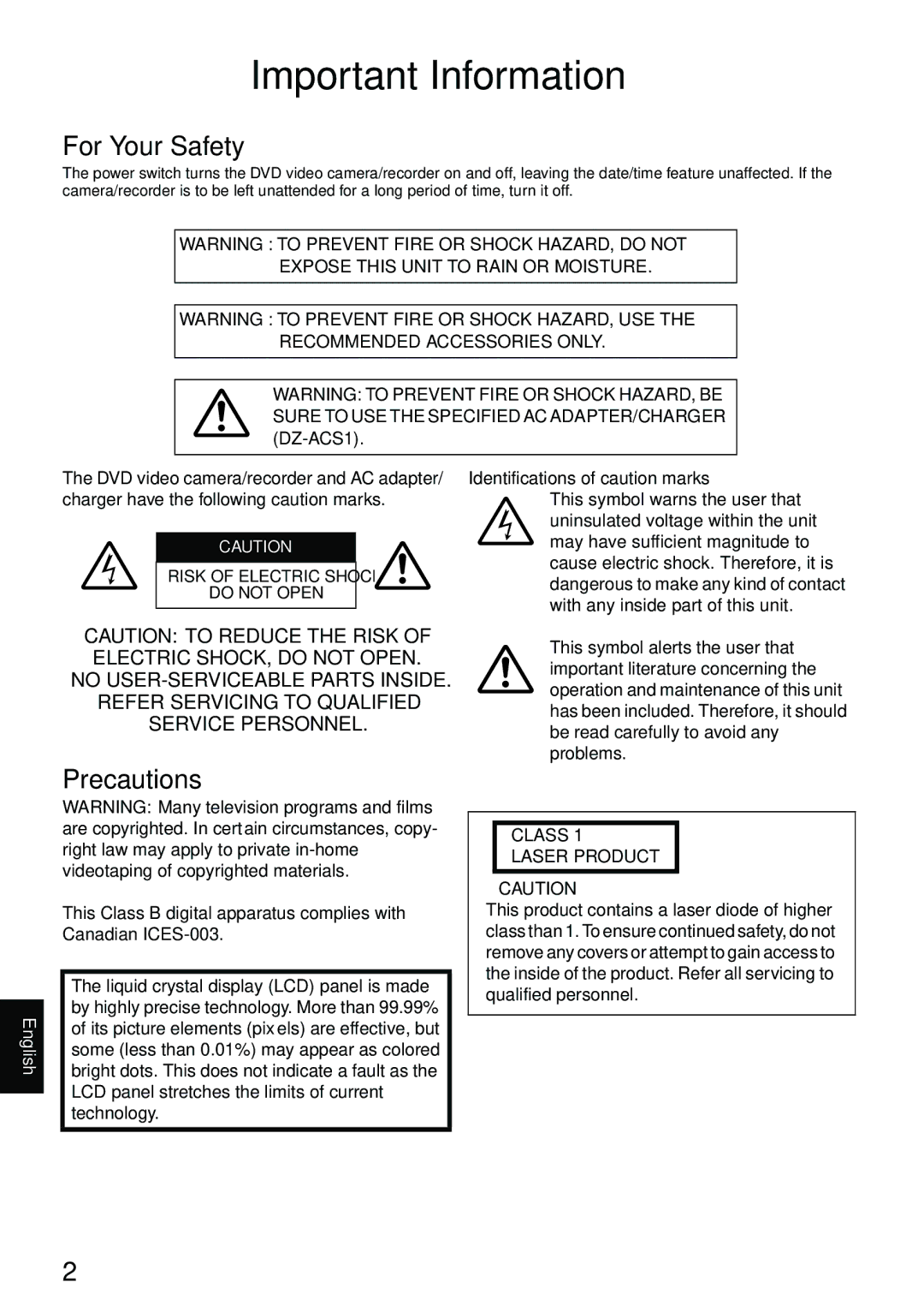 Hitachi DZMV550A, DZMV580A instruction manual For Your Safety, Precautions, Identifications of caution marks 