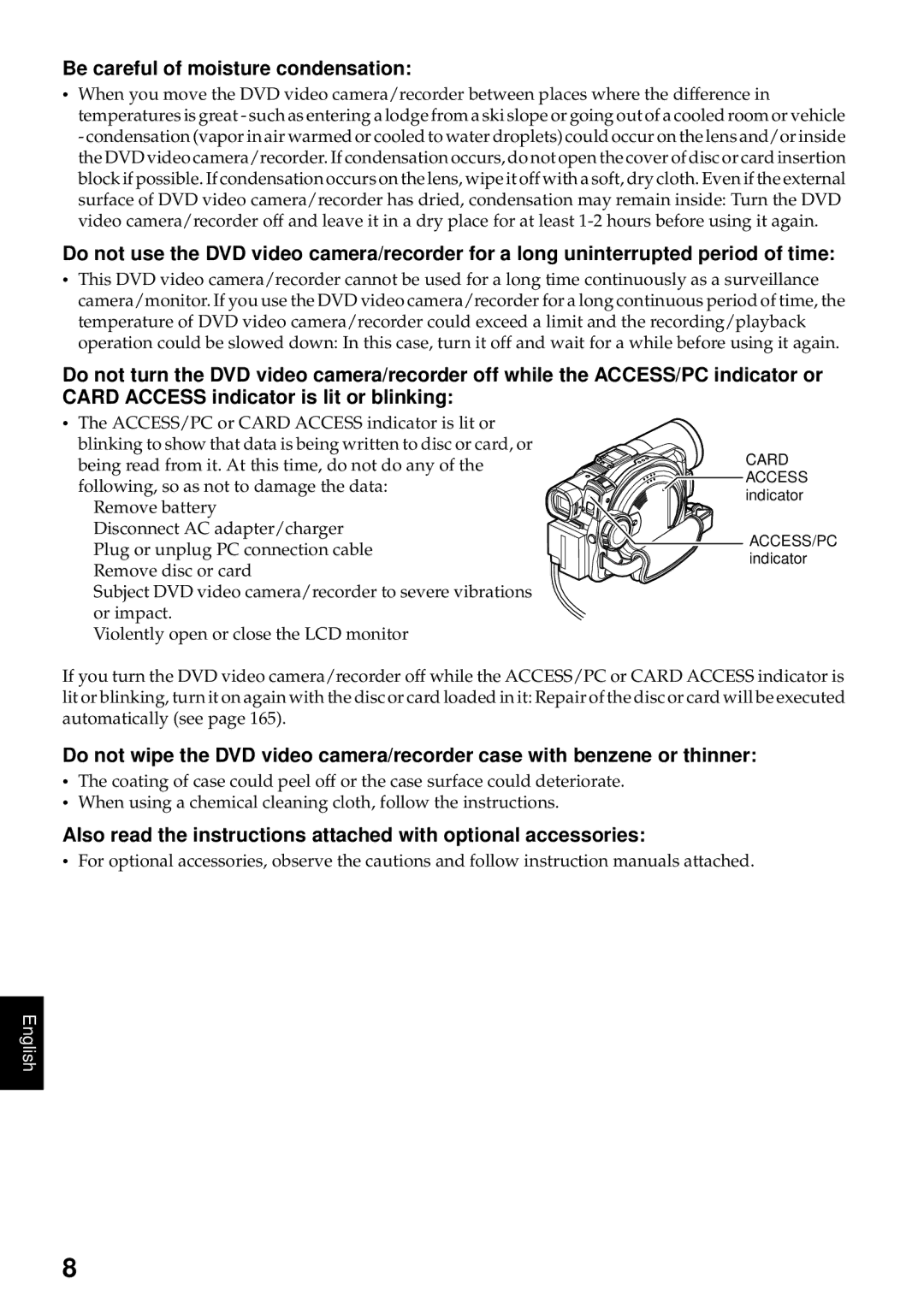 Hitachi DZMV550A, DZMV580A instruction manual Be careful of moisture condensation, Card Access indicator ACCESS/PC indicator 