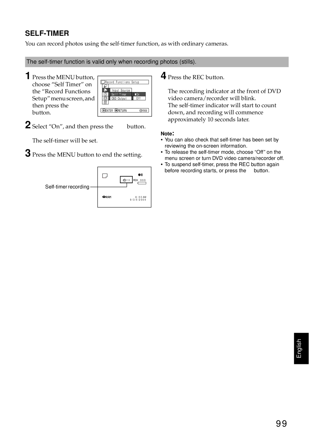 Hitachi DZMV580A, DZMV550A instruction manual Self-Timer, Self-timer recording 