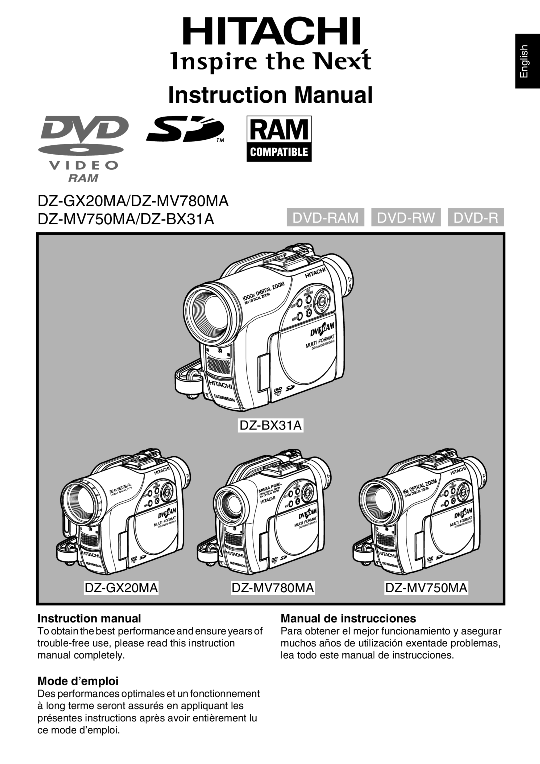 Hitachi DZ-BX31A, DZMV750MA, DZMV780MA, DZGX20MA instruction manual Manual de instrucciones, Mode d’emploi 