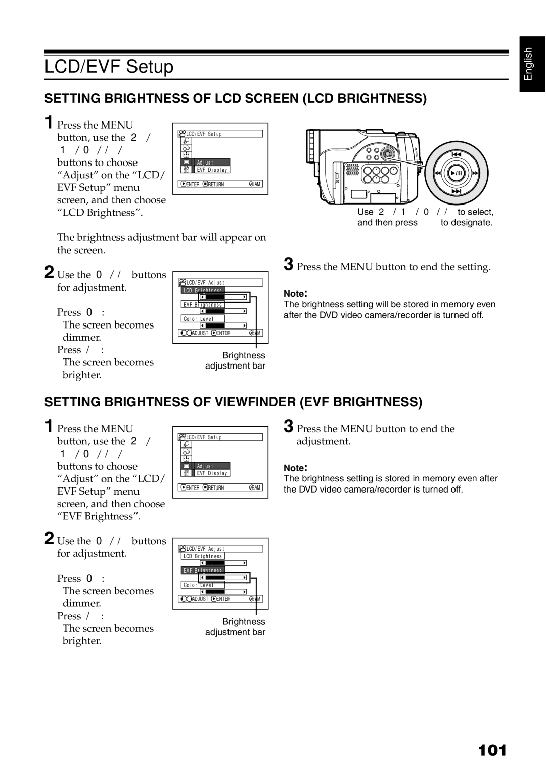 Hitachi DZ-BX31A, DZMV750MA, DZMV780MA, DZGX20MA LCD/EVF Setup, 101, Setting Brightness of LCD Screen LCD Brightness 