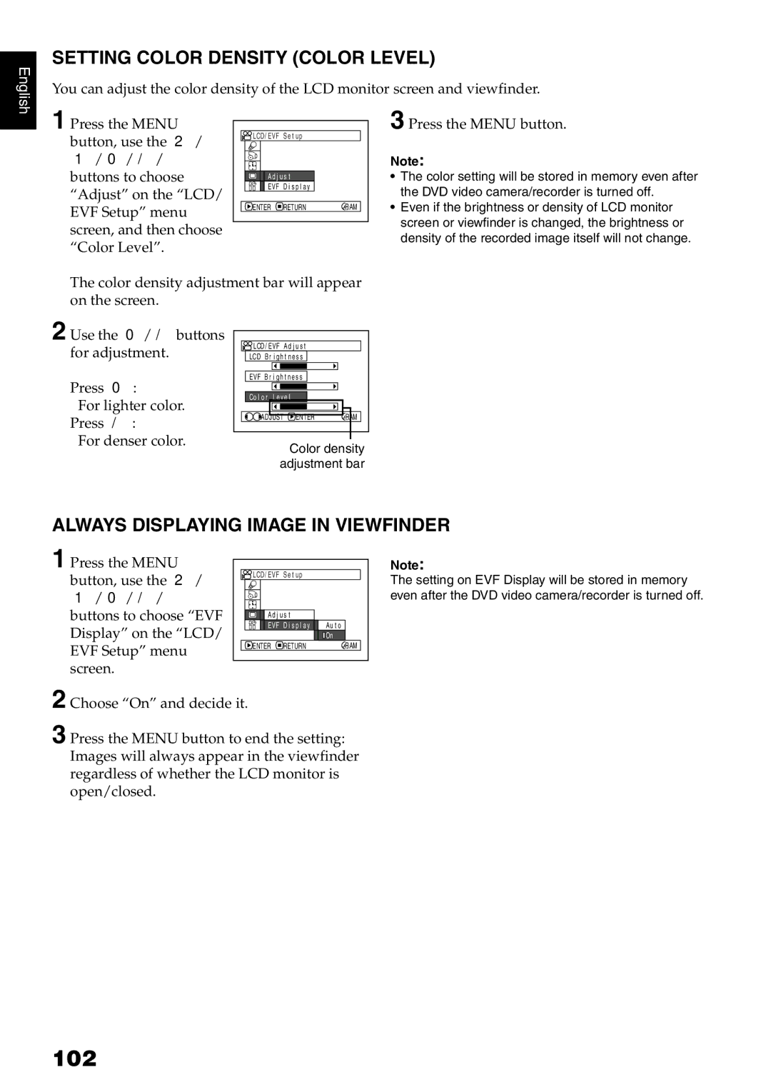 Hitachi DZMV780MA 102, Setting Color Density Color Level, Always Displaying Image in Viewfinder, Press the Menu button 