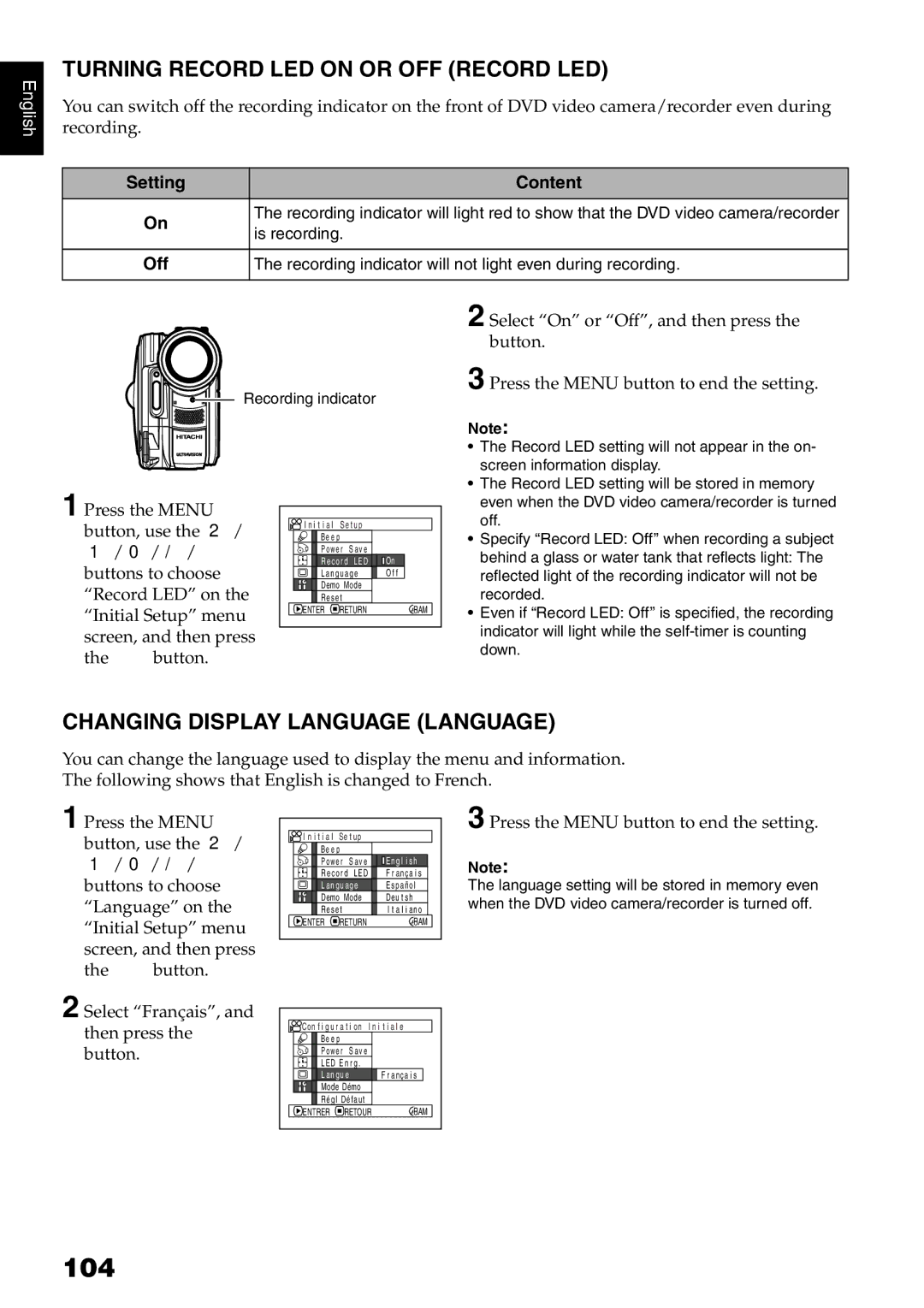 Hitachi DZMV750MA, DZ-BX31A, DZMV780MA 104, Turning Record LED on or OFF Record LED, Changing Display Language Language 