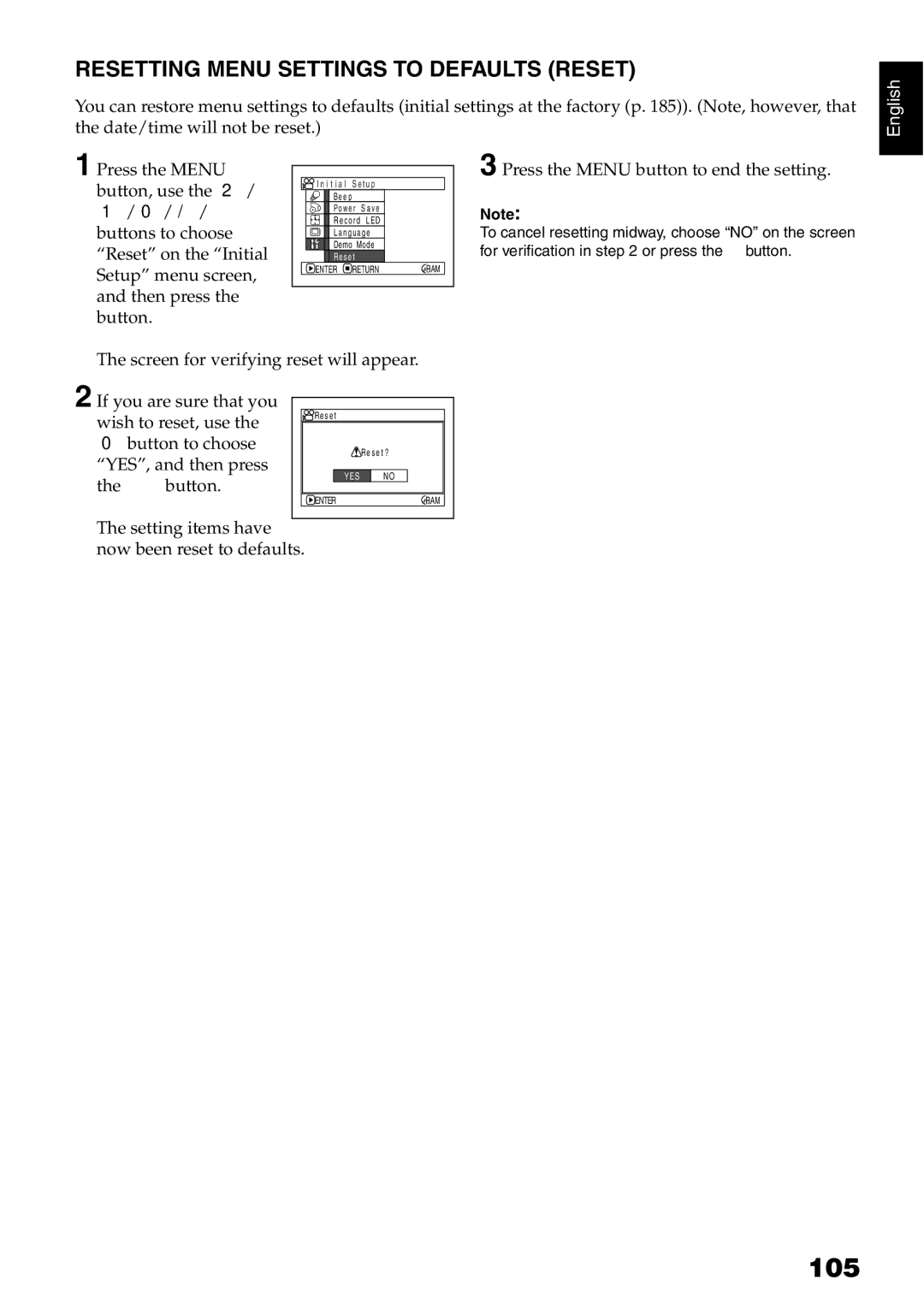 Hitachi DZ-BX31A, DZMV750MA, DZMV780MA 105, Resetting Menu Settings to Defaults Reset, Wish to reset, use Dbutton to choose 