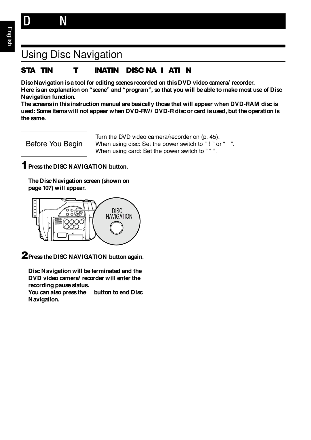 Hitachi DZMV780MA, DZMV750MA, DZ-BX31A, DZGX20MA Using Disc Navigation, 106, Starting or Terminating Disc Navigation 