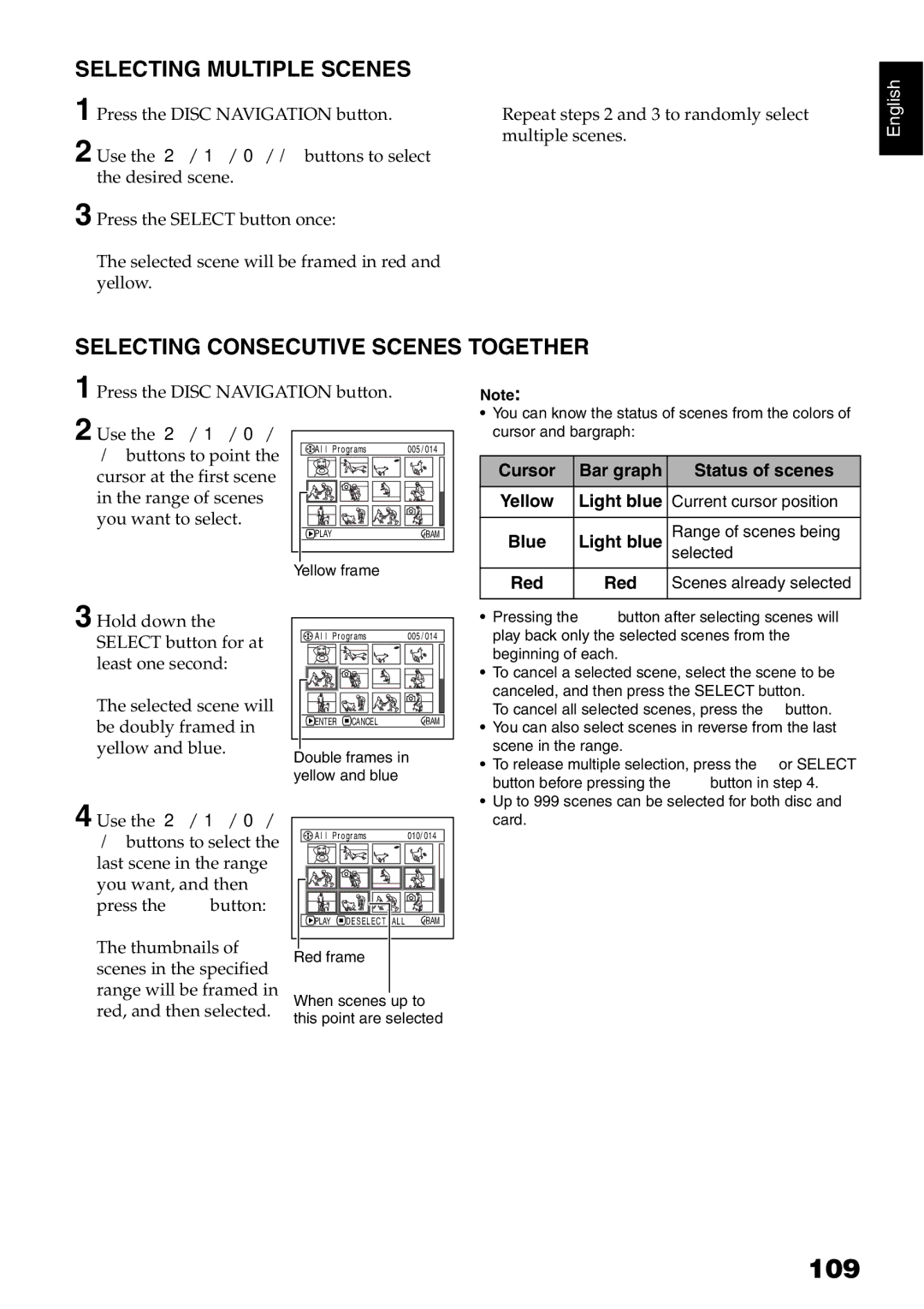 Hitachi DZ-BX31A 109, Selecting Multiple Scenes, Selecting Consecutive Scenes Together, Cursor Bar graph Status of scenes 