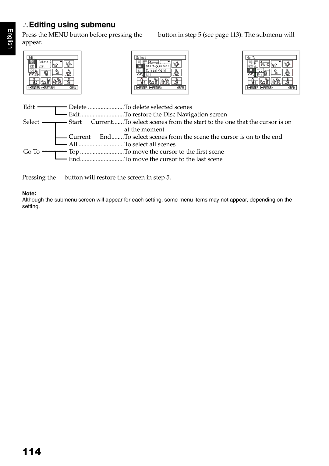 Hitachi DZMV780MA, DZMV750MA, DZ-BX31A, DZGX20MA instruction manual 114, Editing using submenu 