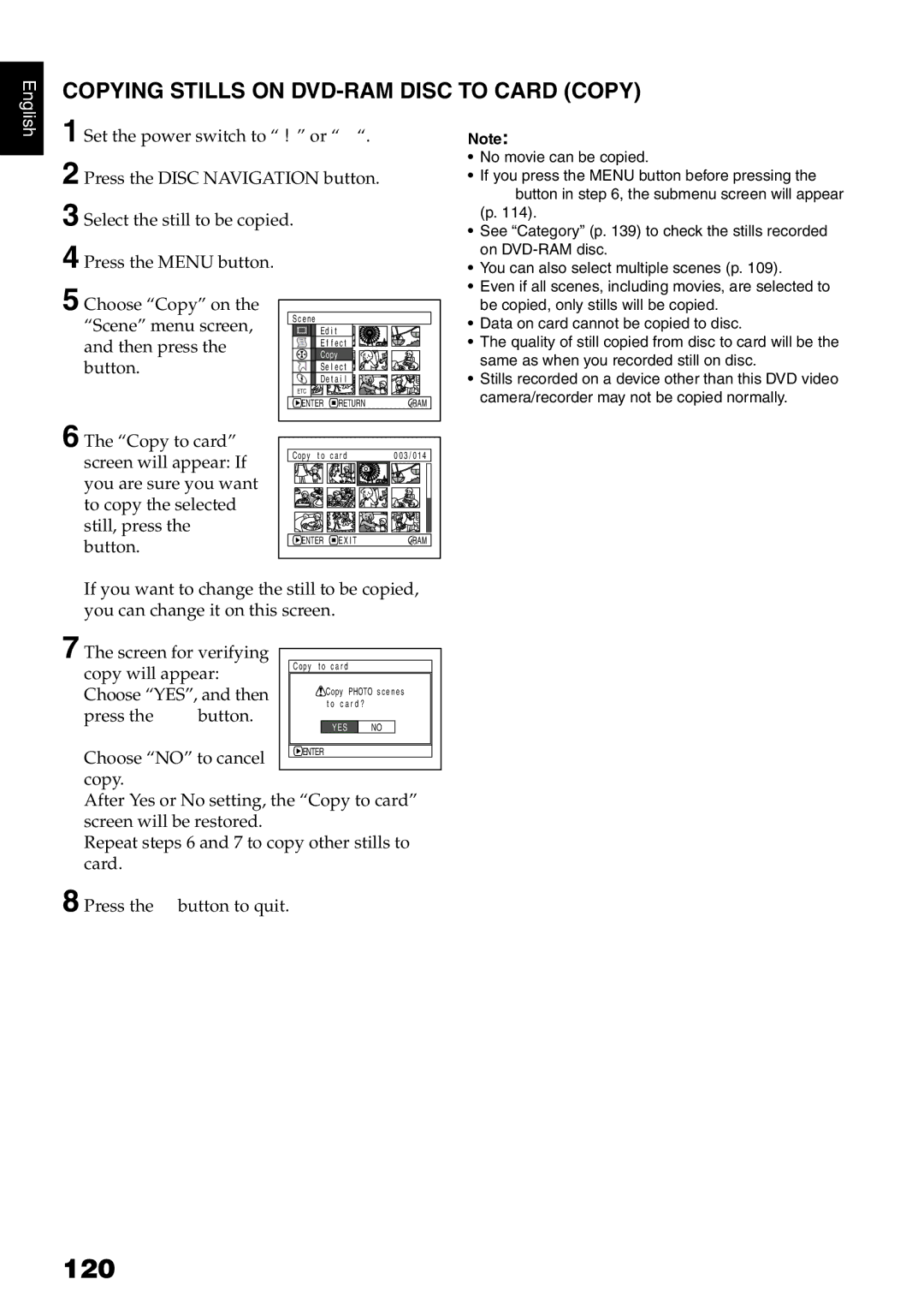 Hitachi DZMV750MA, DZ-BX31A 120, Copying Stills on DVD-RAM Disc to Card Copy, Copy will appear Choose YES, and then 