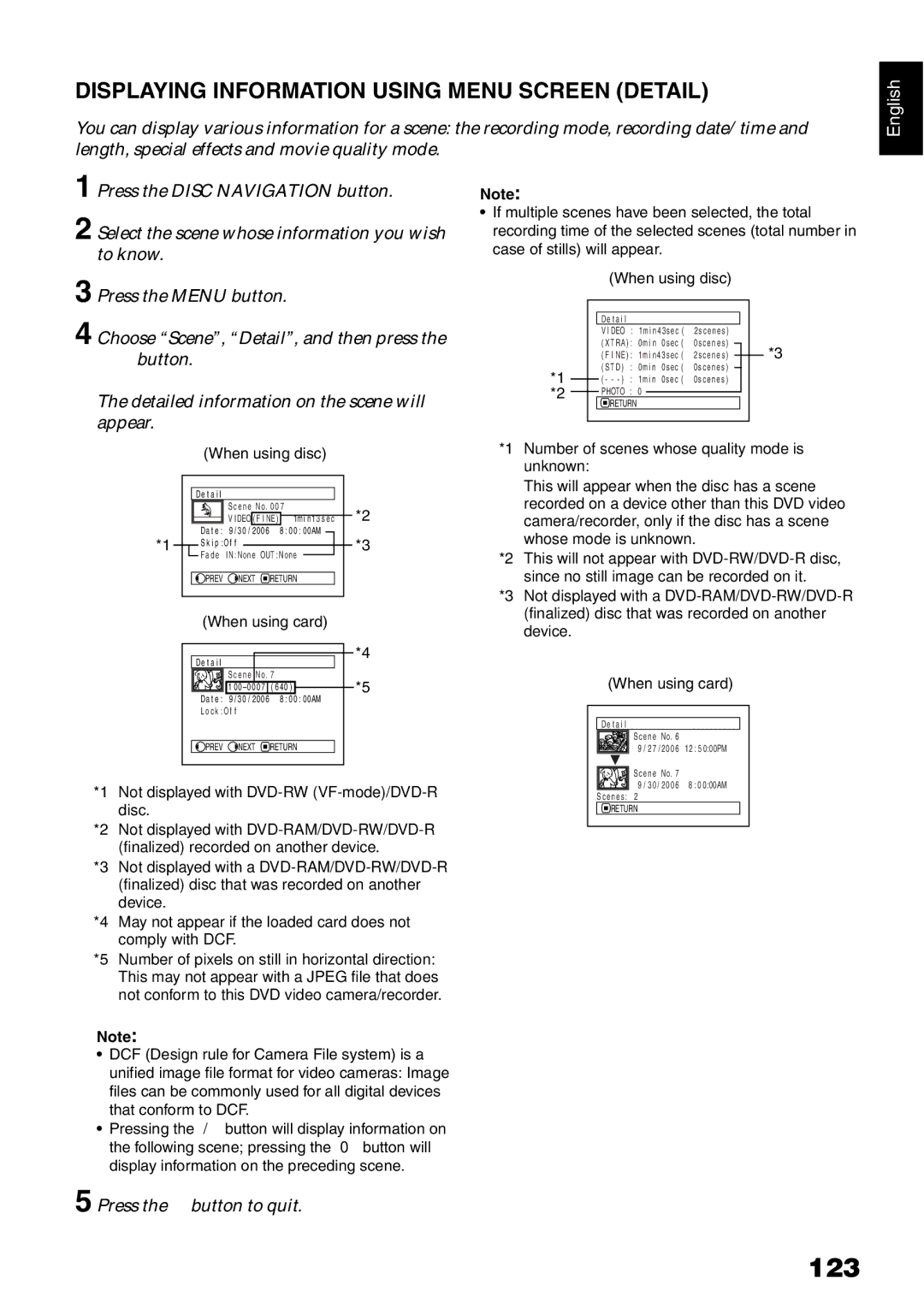 Hitachi DZGX20MA, DZMV750MA, DZ-BX31A, DZMV780MA instruction manual 123, Displaying Information Using Menu Screen Detail 