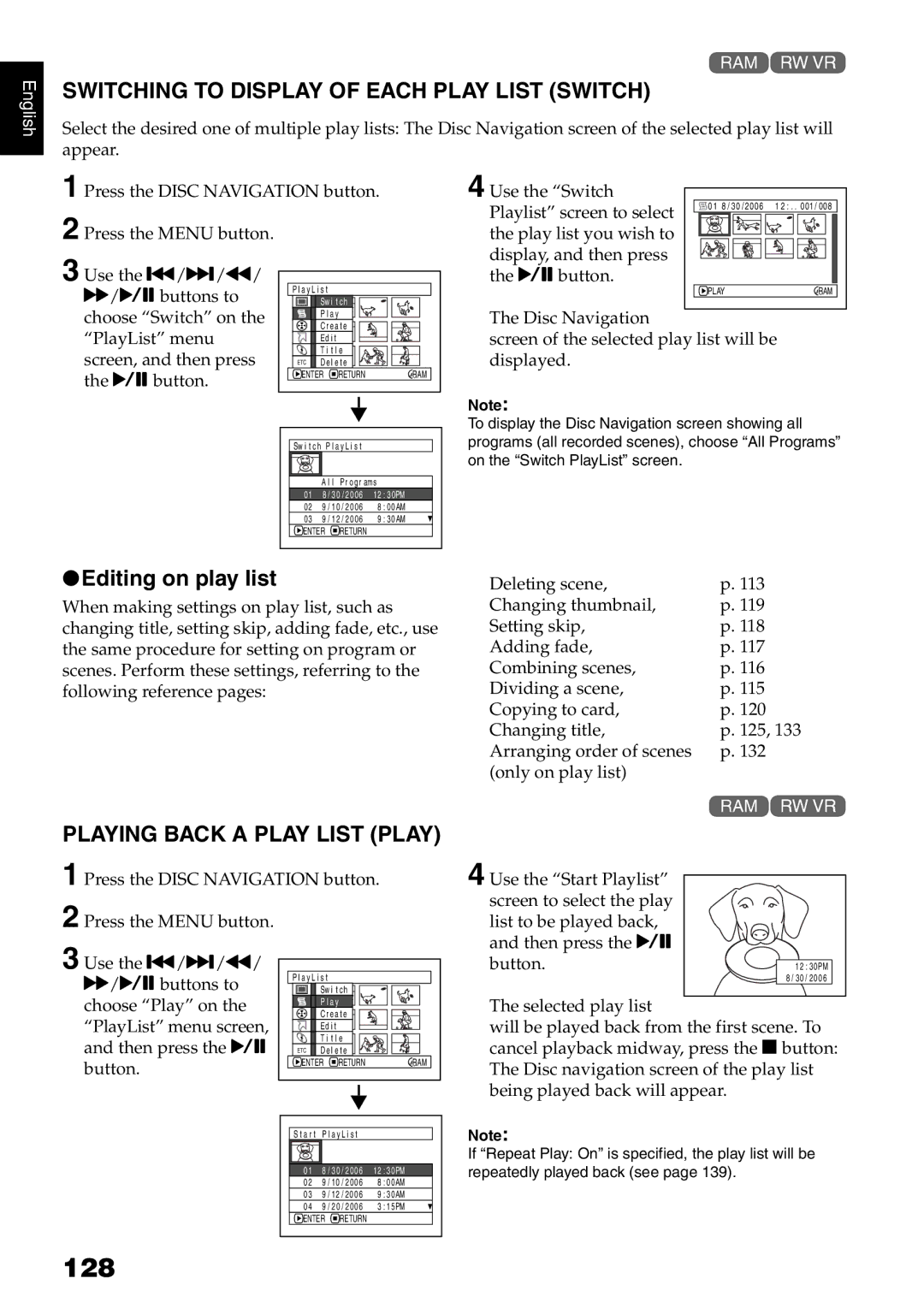 Hitachi DZMV750MA 128, Switching to Display of Each Play List Switch, Editing on play list, Playing Back a Play List Play 