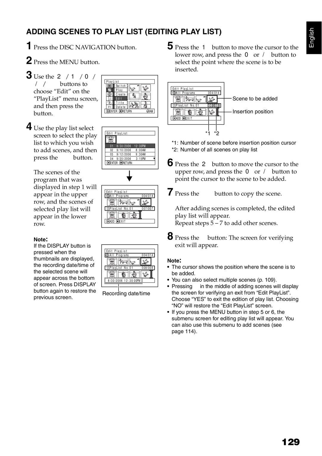 Hitachi DZ-BX31A, DZMV750MA, DZMV780MA, DZGX20MA instruction manual 129, Adding Scenes to Play List Editing Play List 