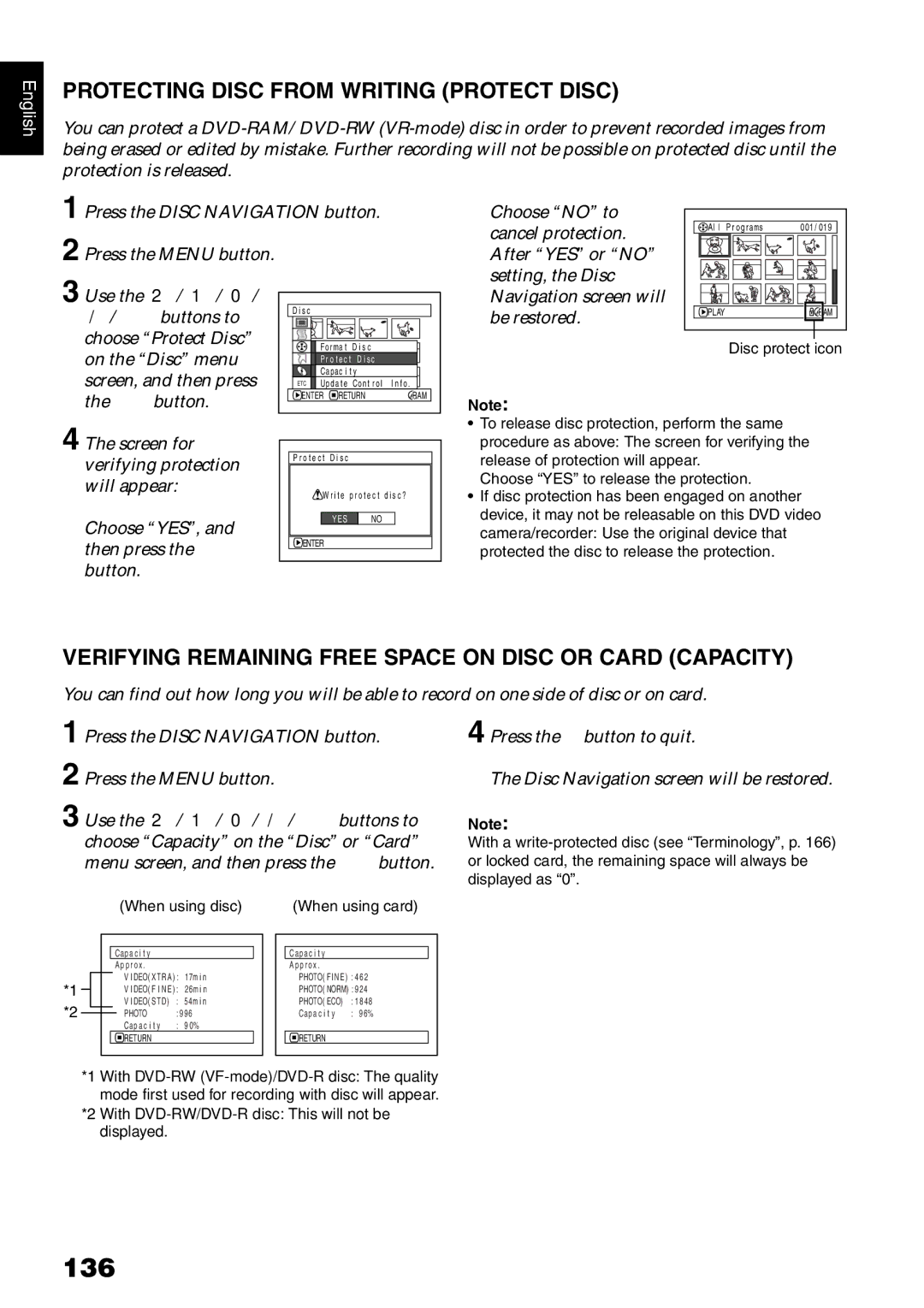 Hitachi DZMV750MA 136, Protecting Disc from Writing Protect Disc, Verifying Remaining Free Space on Disc or Card Capacity 