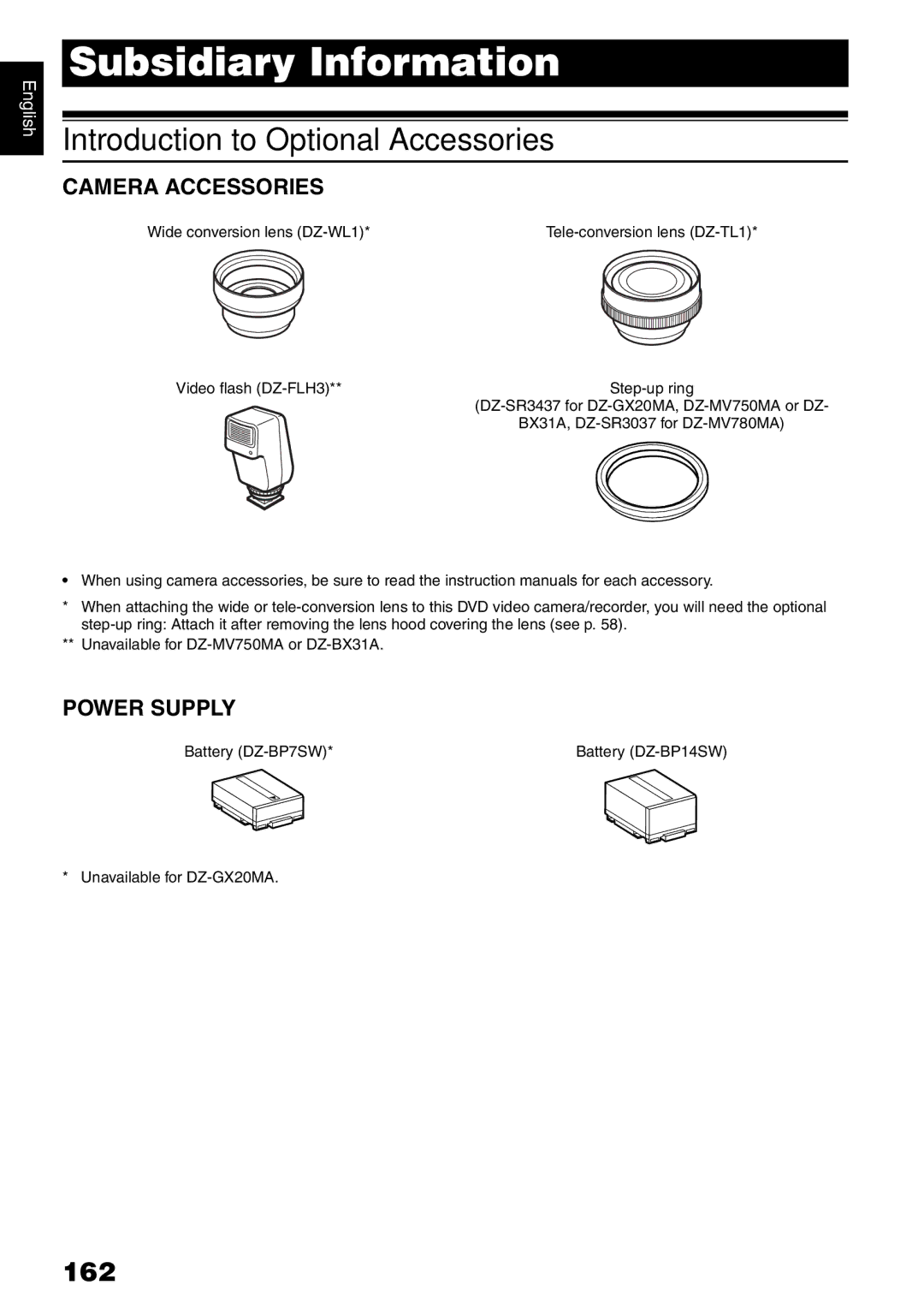 Hitachi DZMV780MA, DZMV750MA, DZ-BX31A, DZGX20MA Introduction to Optional Accessories, 162, Camera Accessories, Power Supply 