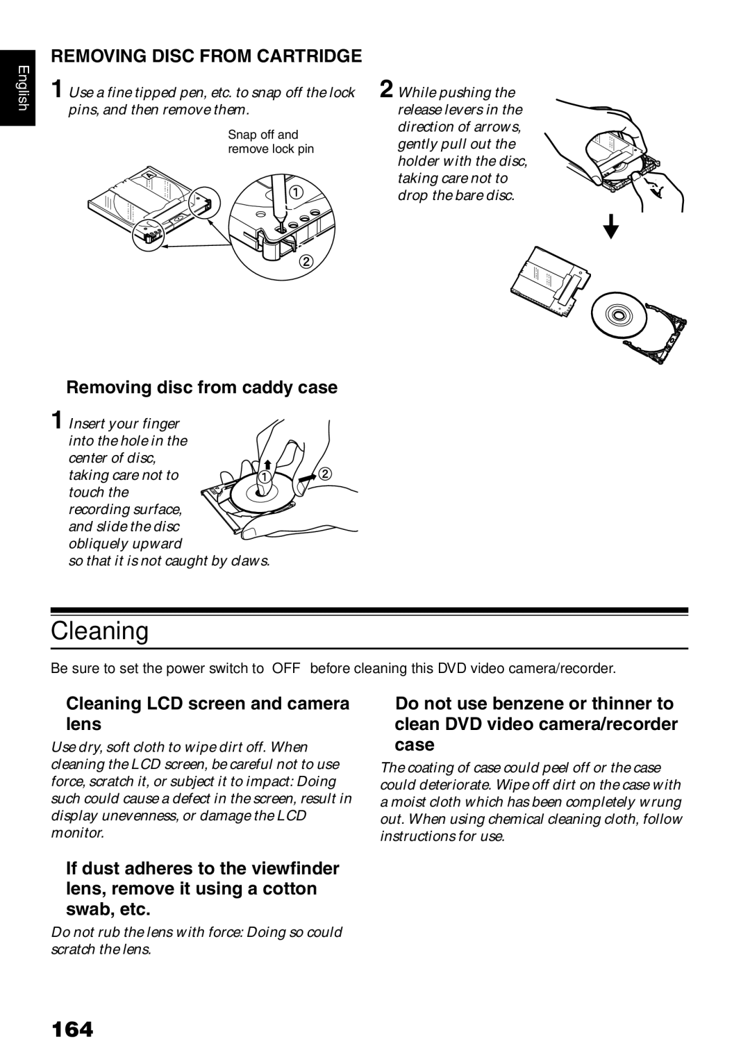 Hitachi DZMV750MA, DZ-BX31A, DZMV780MA, DZGX20MA Cleaning, 164, Removing Disc from Cartridge, Removing disc from caddy case 