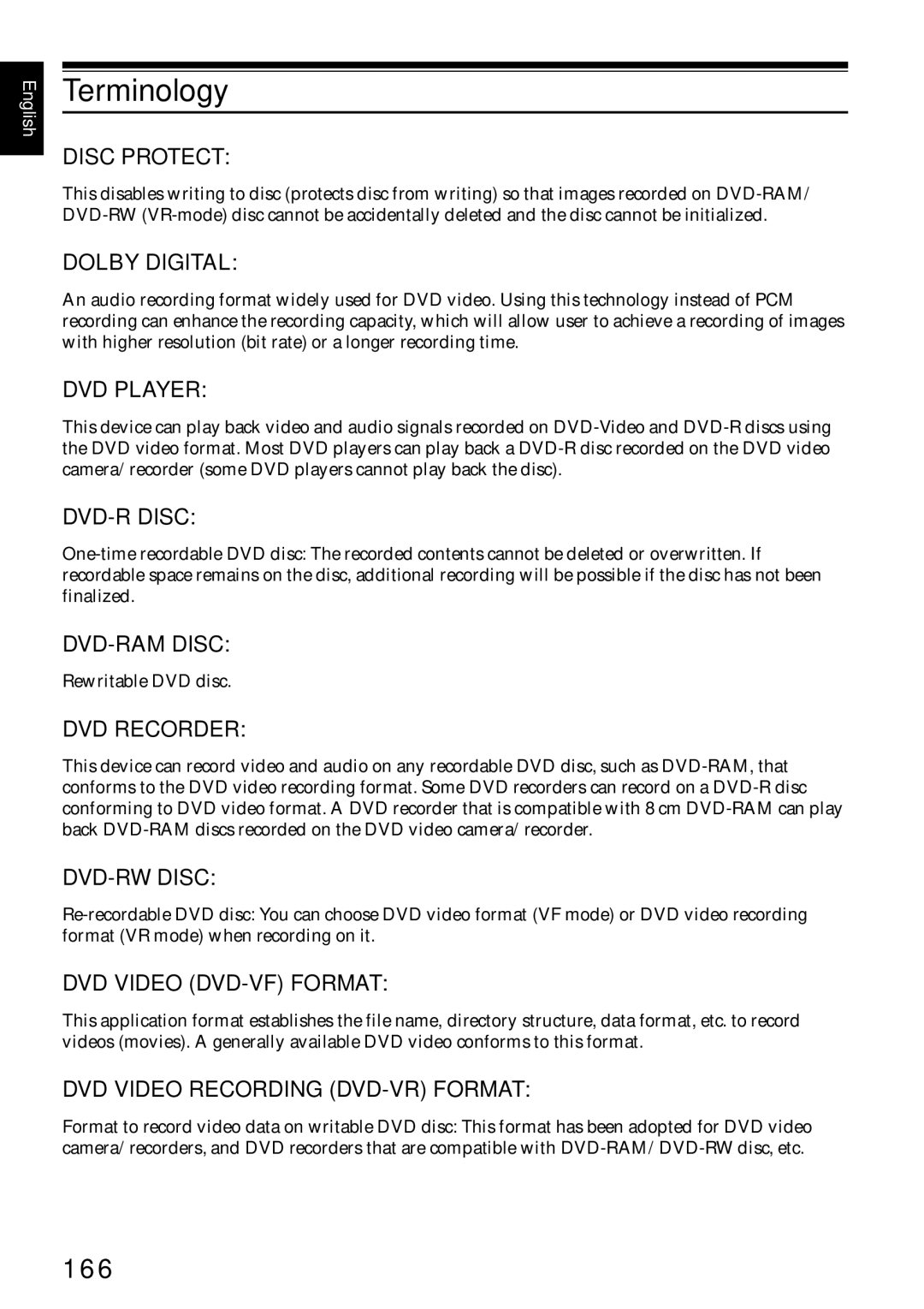 Hitachi DZMV780MA, DZMV750MA, DZ-BX31A, DZGX20MA instruction manual Terminology, 166 