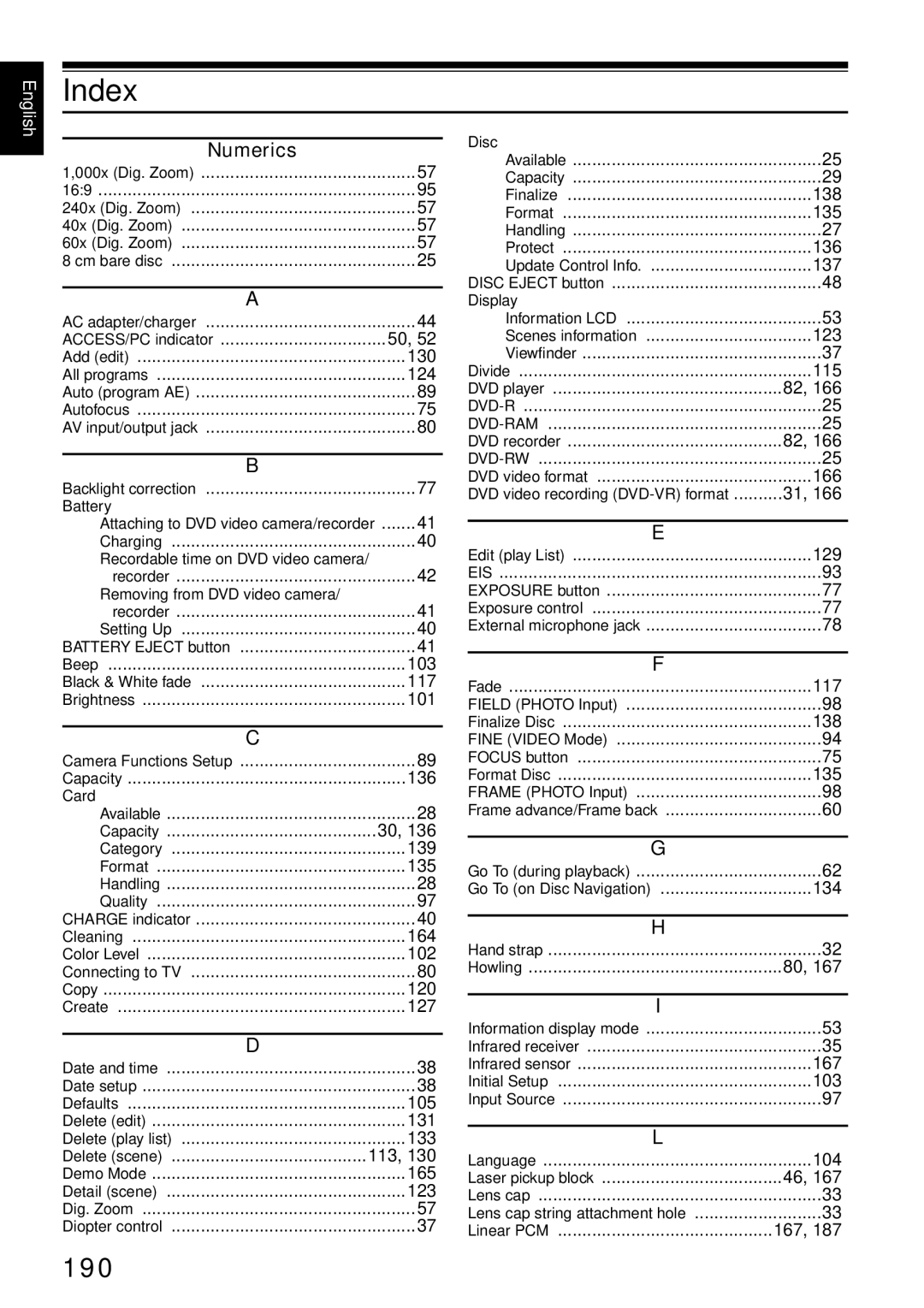 Hitachi DZMV780MA, DZMV750MA, DZ-BX31A, DZGX20MA instruction manual Index, 190, Numerics 