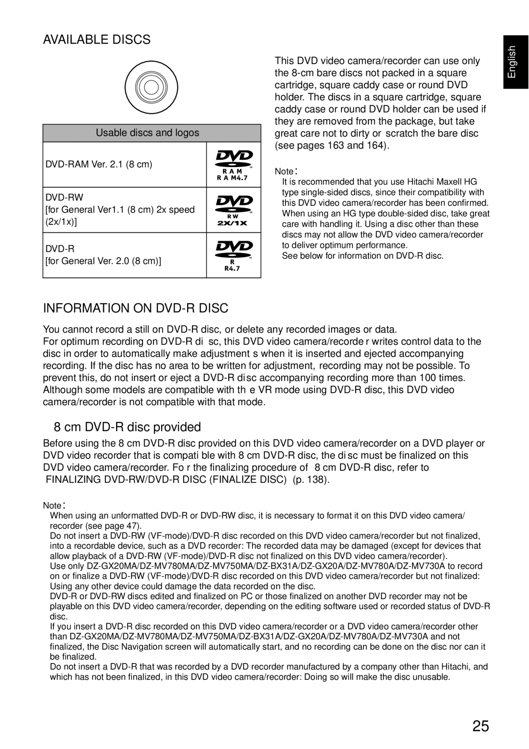 Hitachi DZ-BX31A, DZMV750MA Available Discs, Information on DVD-R Disc, Cm DVD-R disc provided, Usable discs and logos 