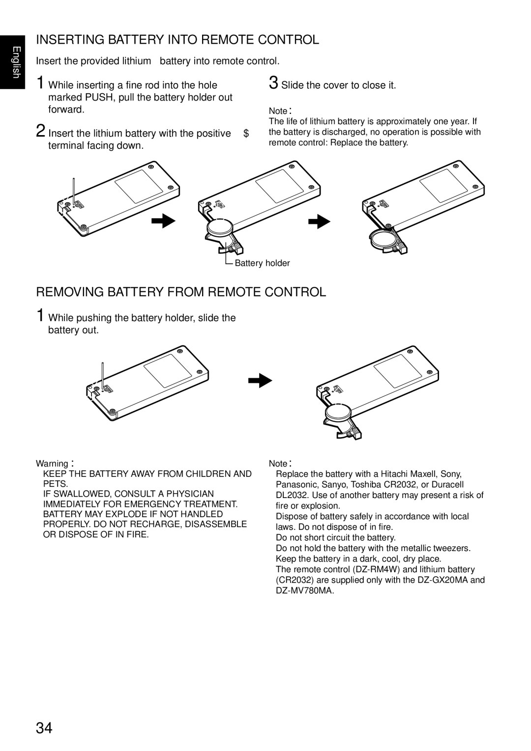 Hitachi DZMV780MA, DZMV750MA, DZ-BX31A, DZGX20MA Inserting Battery Into Remote Control, Removing Battery from Remote Control 