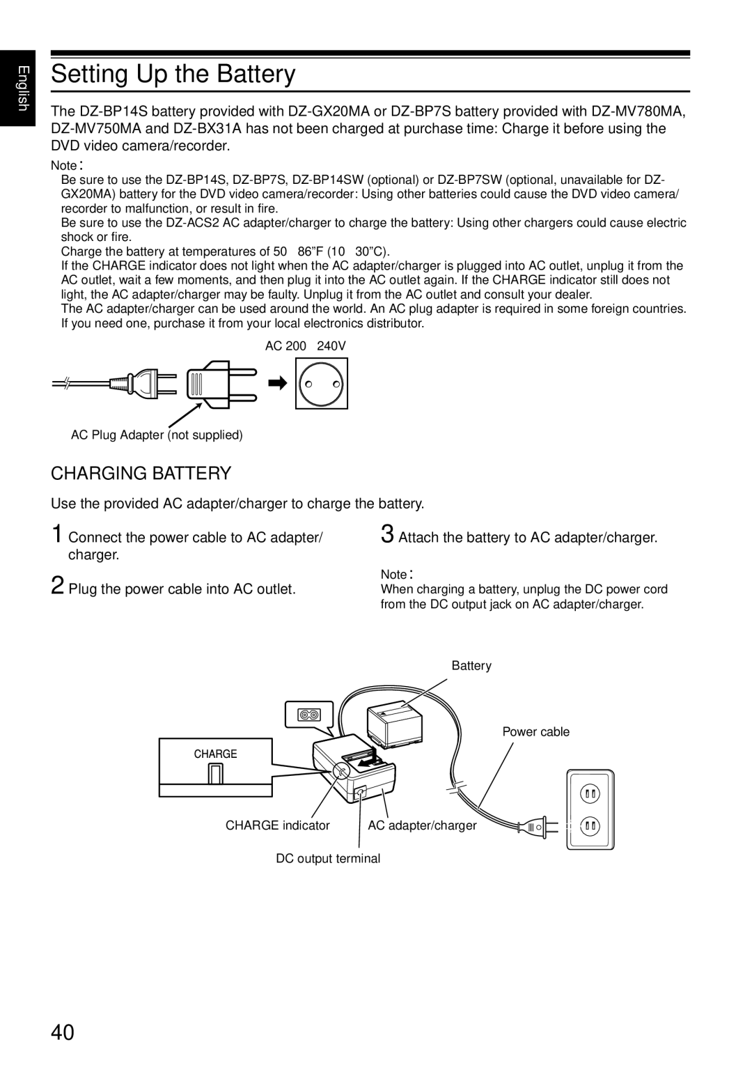 Hitachi DZMV750MA, DZ-BX31A, DZMV780MA, DZGX20MA instruction manual Setting Up the Battery, Charging Battery 