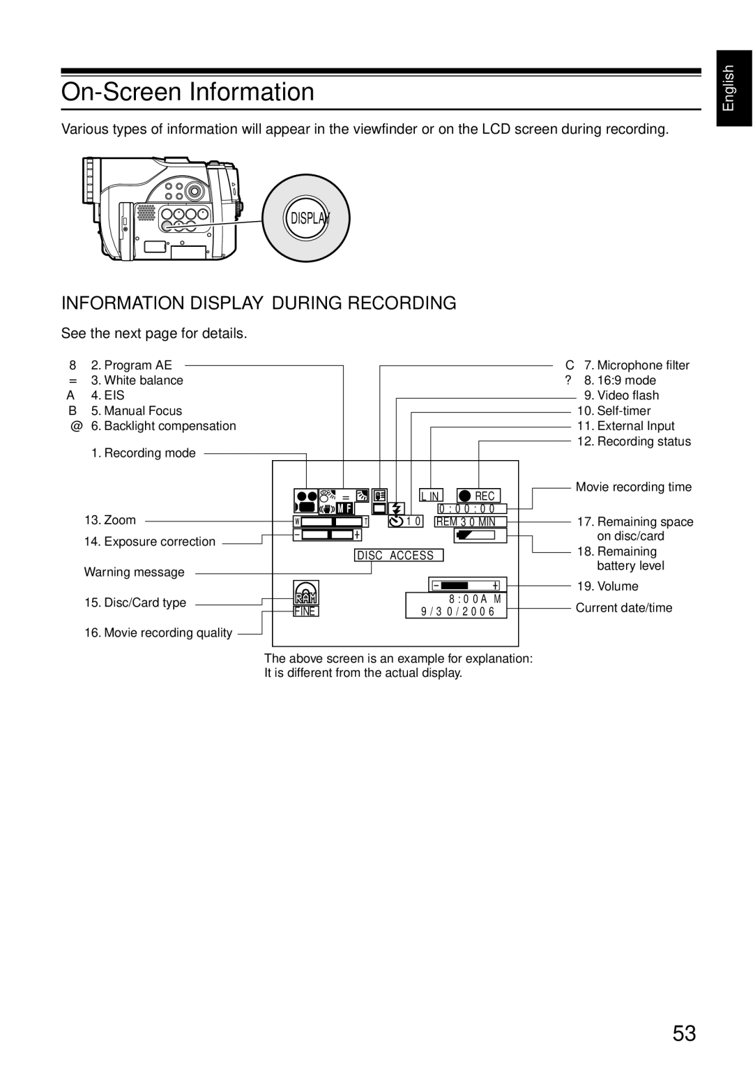 Hitachi DZ-BX31A, DZMV750MA On-Screen Information, Information Display During Recording, See the next page for details 