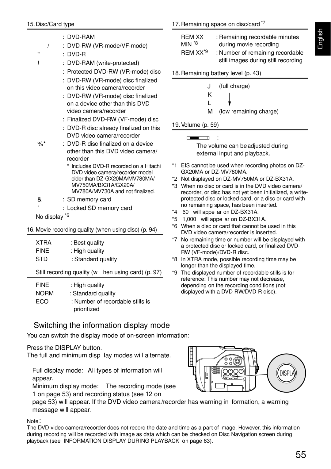 Hitachi DZGX20MA, DZMV750MA, DZ-BX31A, DZMV780MA instruction manual Switching the information display mode, Disc/Card type 