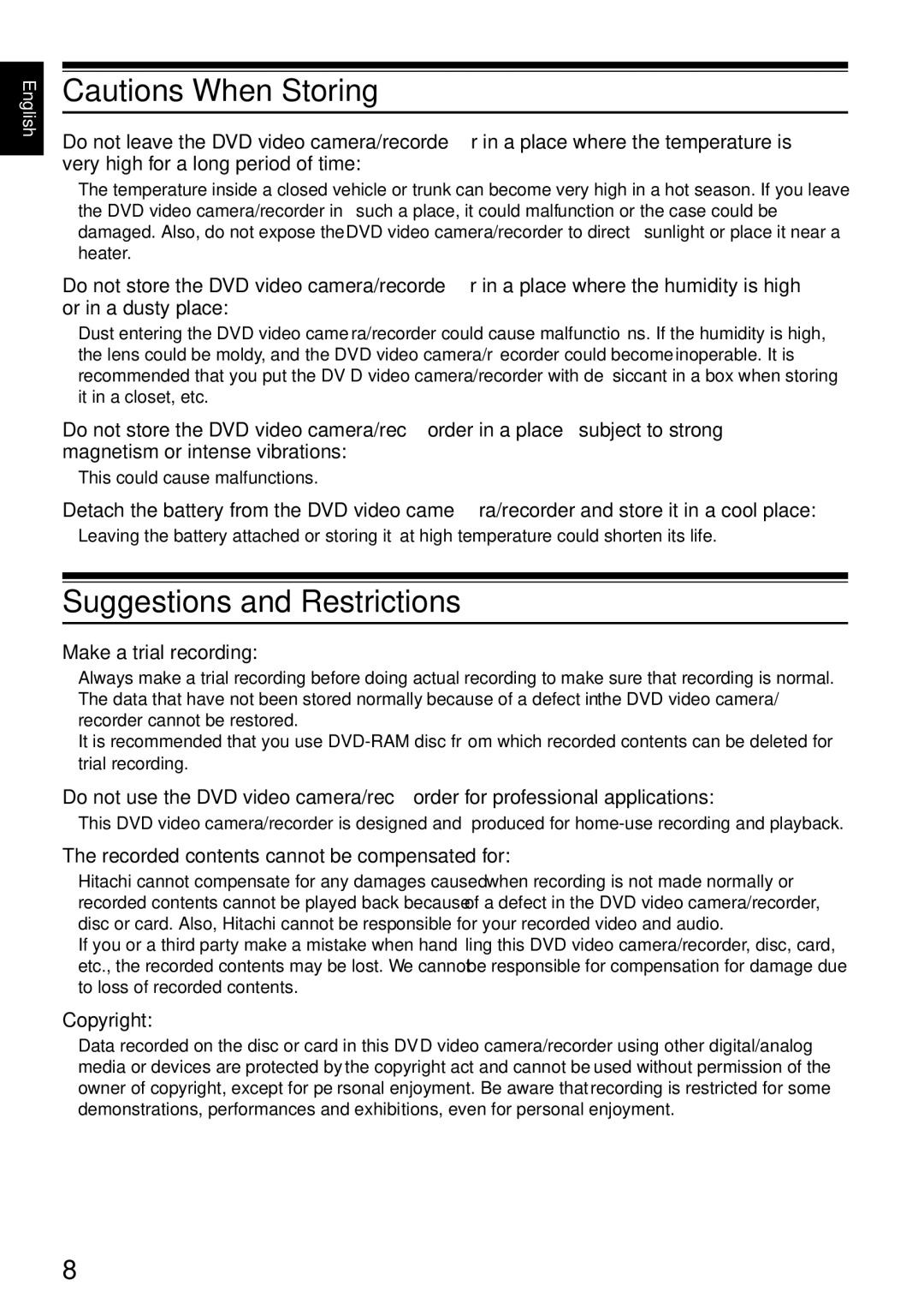 Hitachi DZMV750MA Suggestions and Restrictions, Make a trial recording, Recorded contents cannot be compensated for 