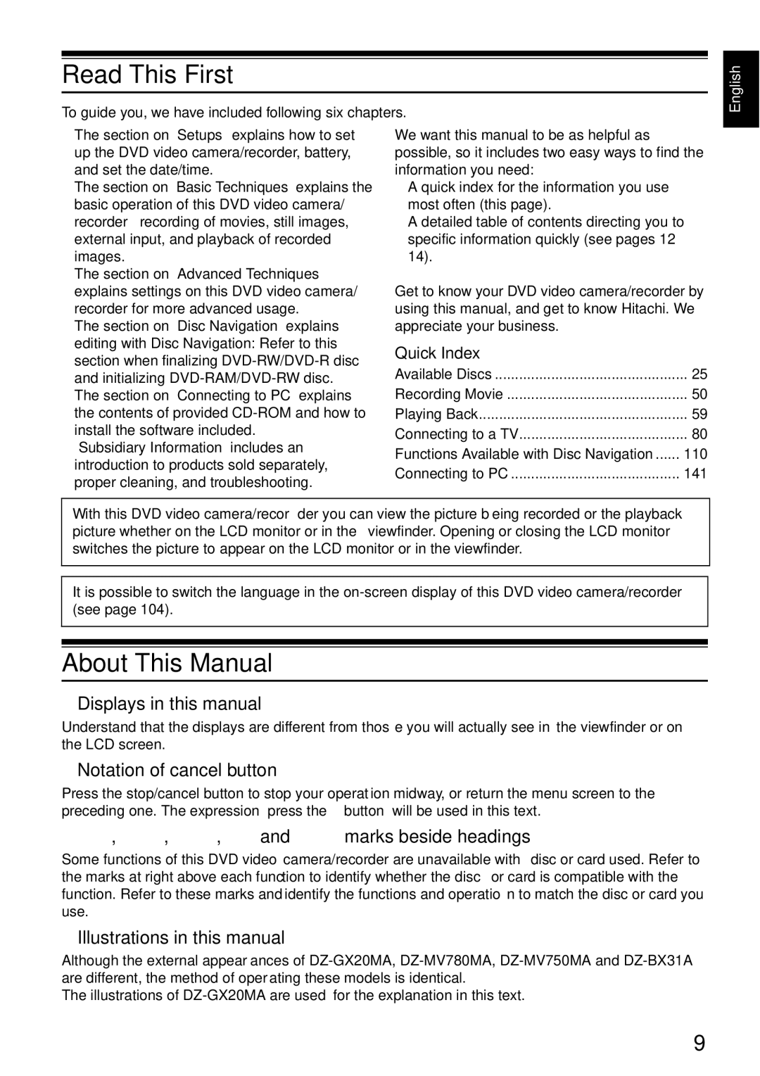 Hitachi DZ-BX31A, DZMV750MA, DZMV780MA, DZGX20MA instruction manual Read This First, About This Manual 