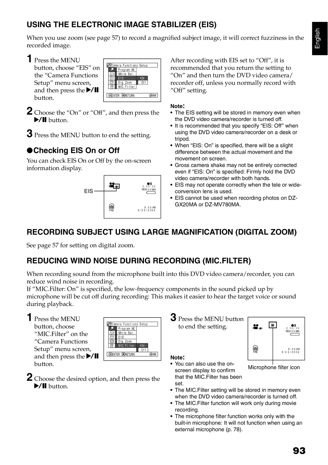 Hitachi DZ-BX31A, DZMV750MA, DZMV780MA, DZGX20MA Using the Electronic Image Stabilizer EIS, Checking EIS On or Off 