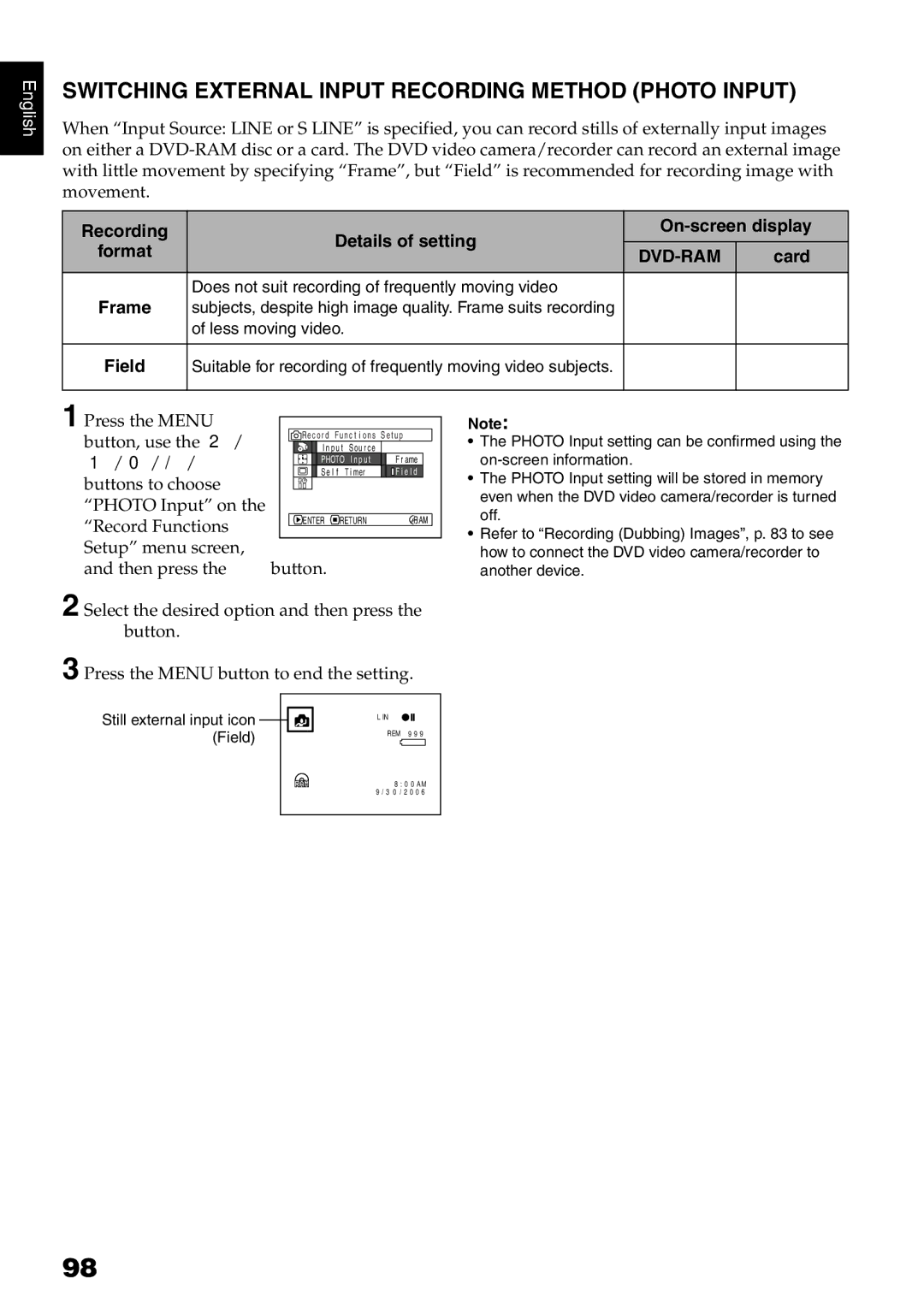 Hitachi DZMV780MA Switching External Input Recording Method Photo Input, Buttons to choose Photo Input on Record Functions 