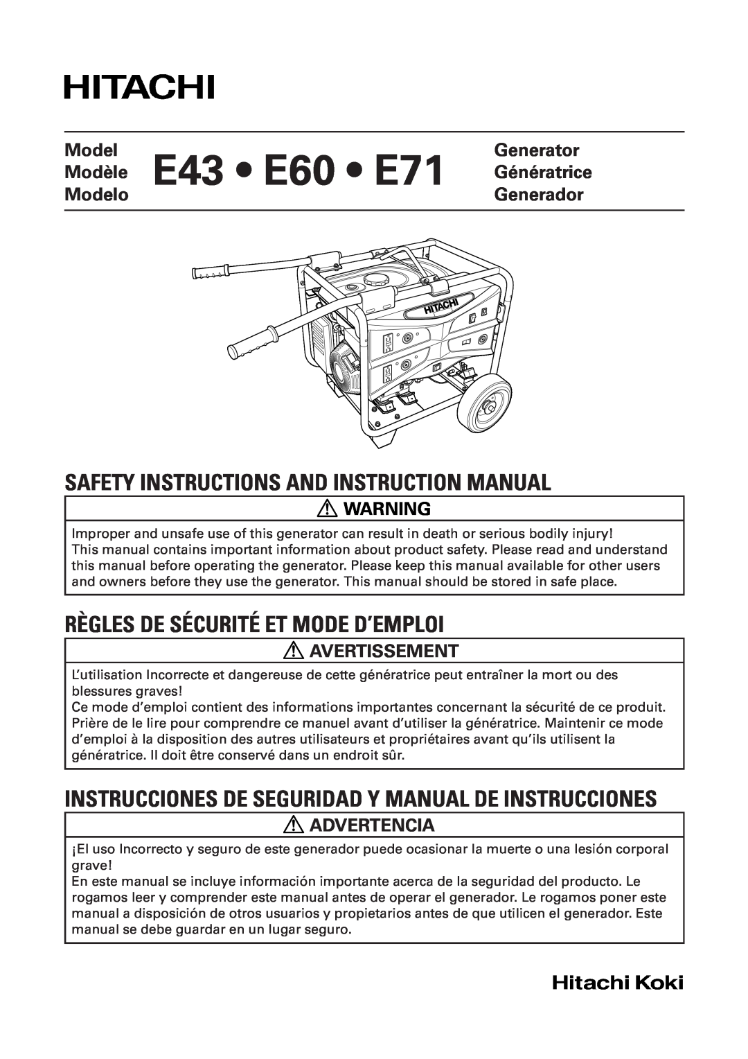 Hitachi E43 instruction manual Generator, Modèle, Génératrice, Modelo, Generador, Avertissement, Advertencia 