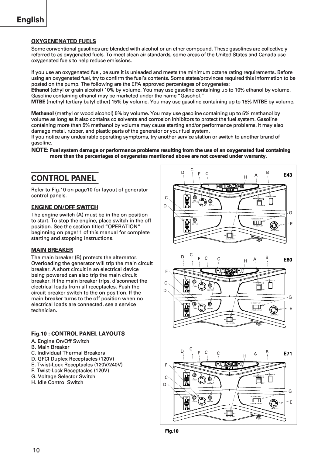 Hitachi E43 instruction manual English, Oxygenenated Fuels, Engine On/Off Switch, Main Breaker, Control Panel Layouts 