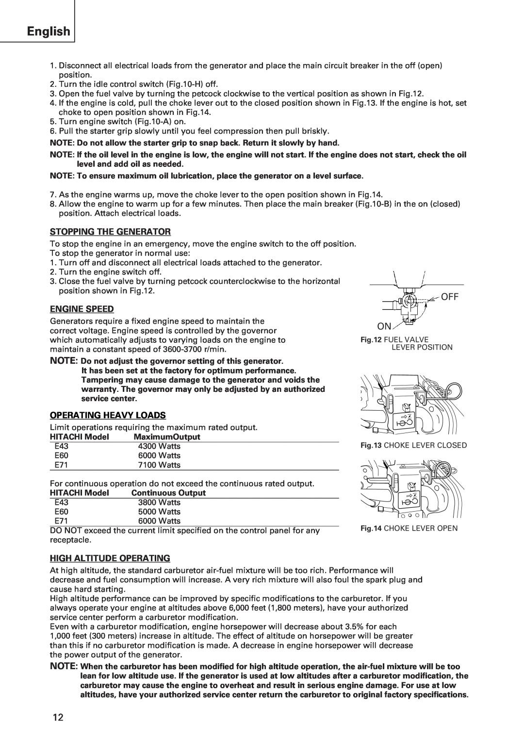 Hitachi E43 English, Stopping The Generator, Engine Speed, Operating Heavy Loads, High Altitude Operating 